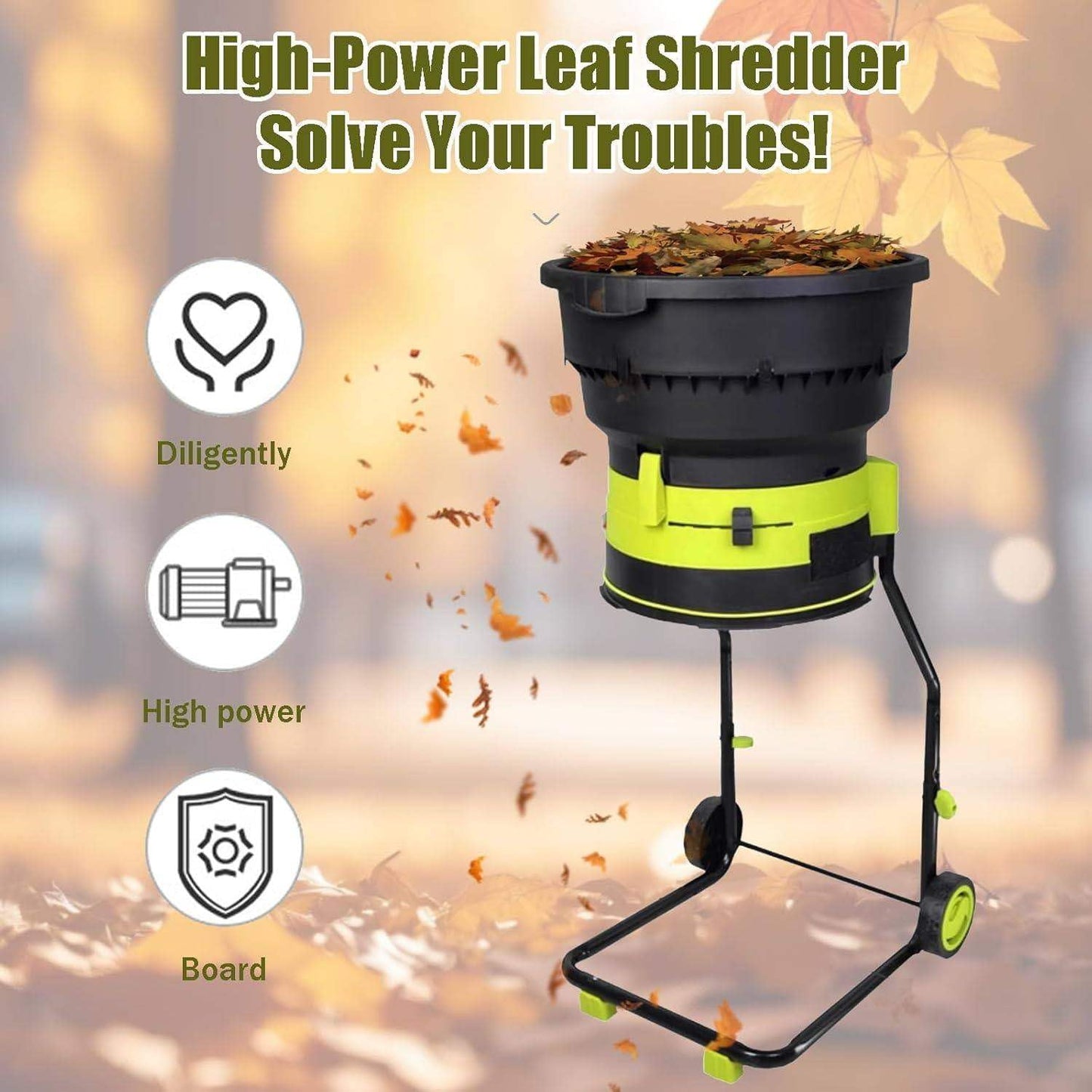 2500W Electric Leaf Mulcher, Garden Leaf Shredder Chipper, 8000RPM Tree Branches Crusher, 17:1 Reduction, Composting Machine with Wheels and Collection Bag, for Home Use and Farms 40m*PowerCord