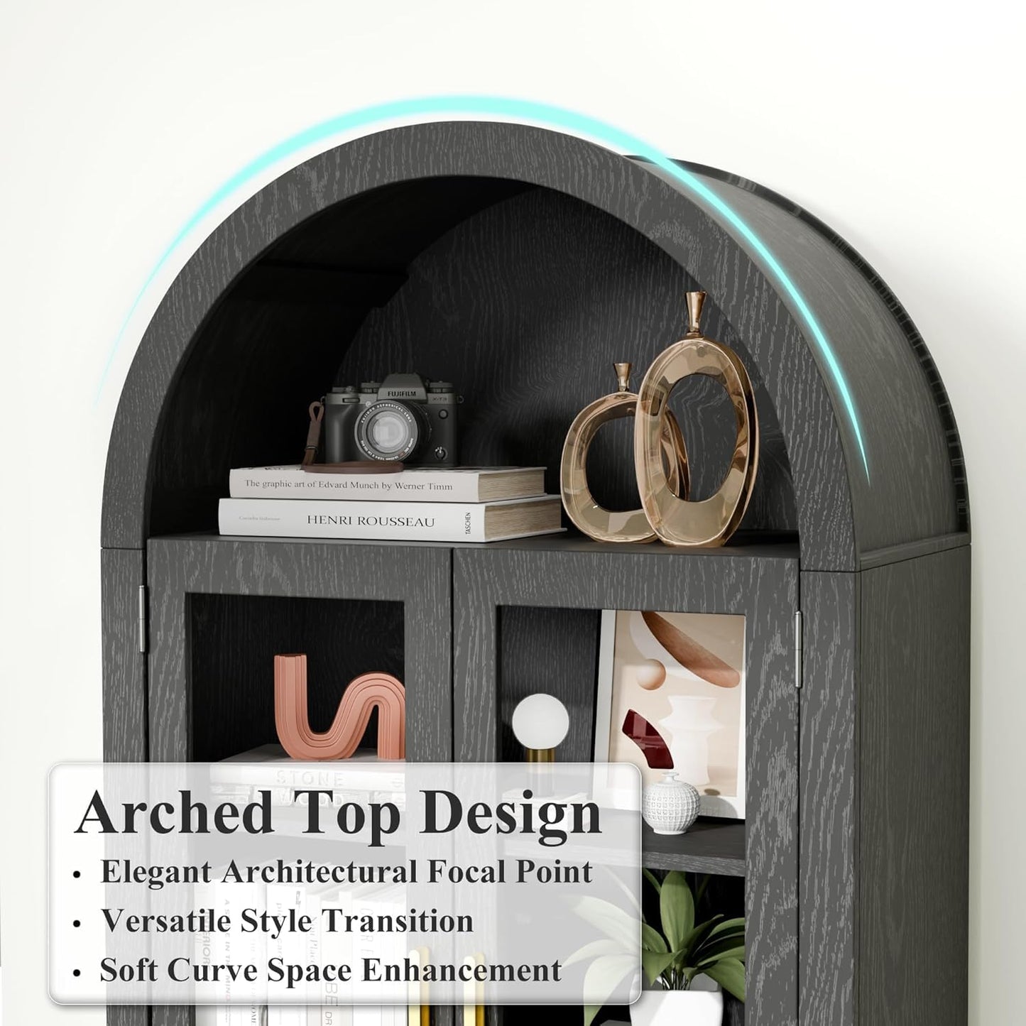 TRUNBACK 63" Tall Arched Display Cabinet with Glass Doors, Modern 5-Tier Curio Cabinet with Adjustable Shelves for Living Room, High Load Capacity Wood Arched Bookshelf Pantry Cabinet, Black