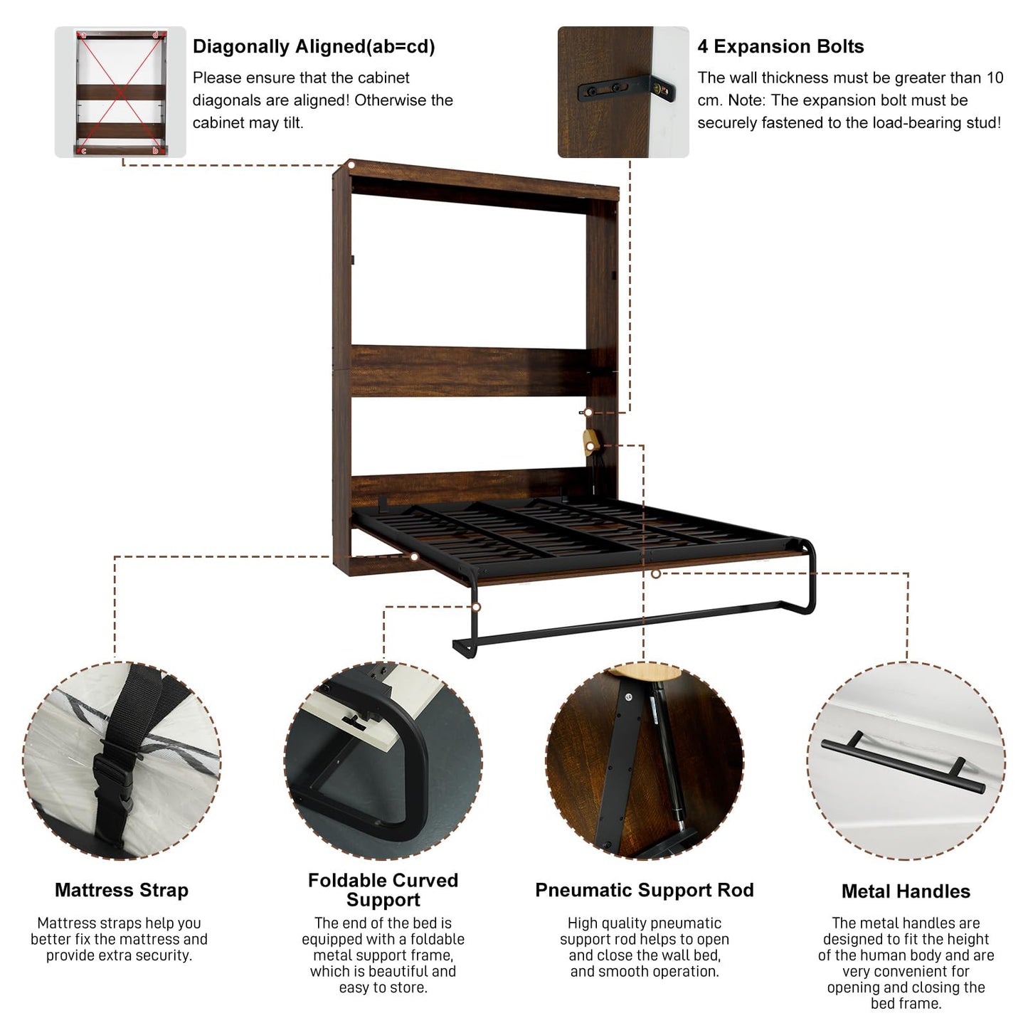 Hlivelood Full Size Murphy Bed with 2 LED Lights, Farmhouse Wood Hidden Foldable Wall Bed Frame w/Gas Struts, Storage Bed Cabinet for Bedroom, Office, Space-Saving, No Box Spring Needed, Brown