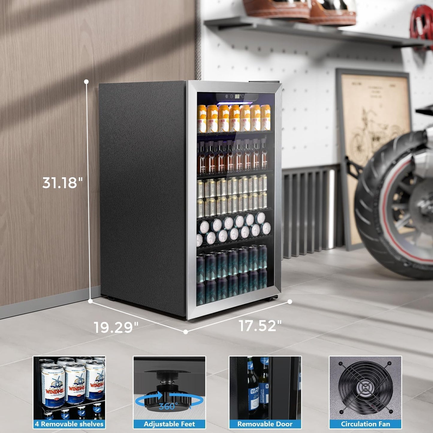COWSAR Wine Cooler, 26 Bottle 130 Can Beverage Refrigerator, ETL Approved Mini Drink Fridge Clear Glass Door Quiet Compressor Adjust Temp 3.2 Cu.Ft Wine Fridge for Soda Beer