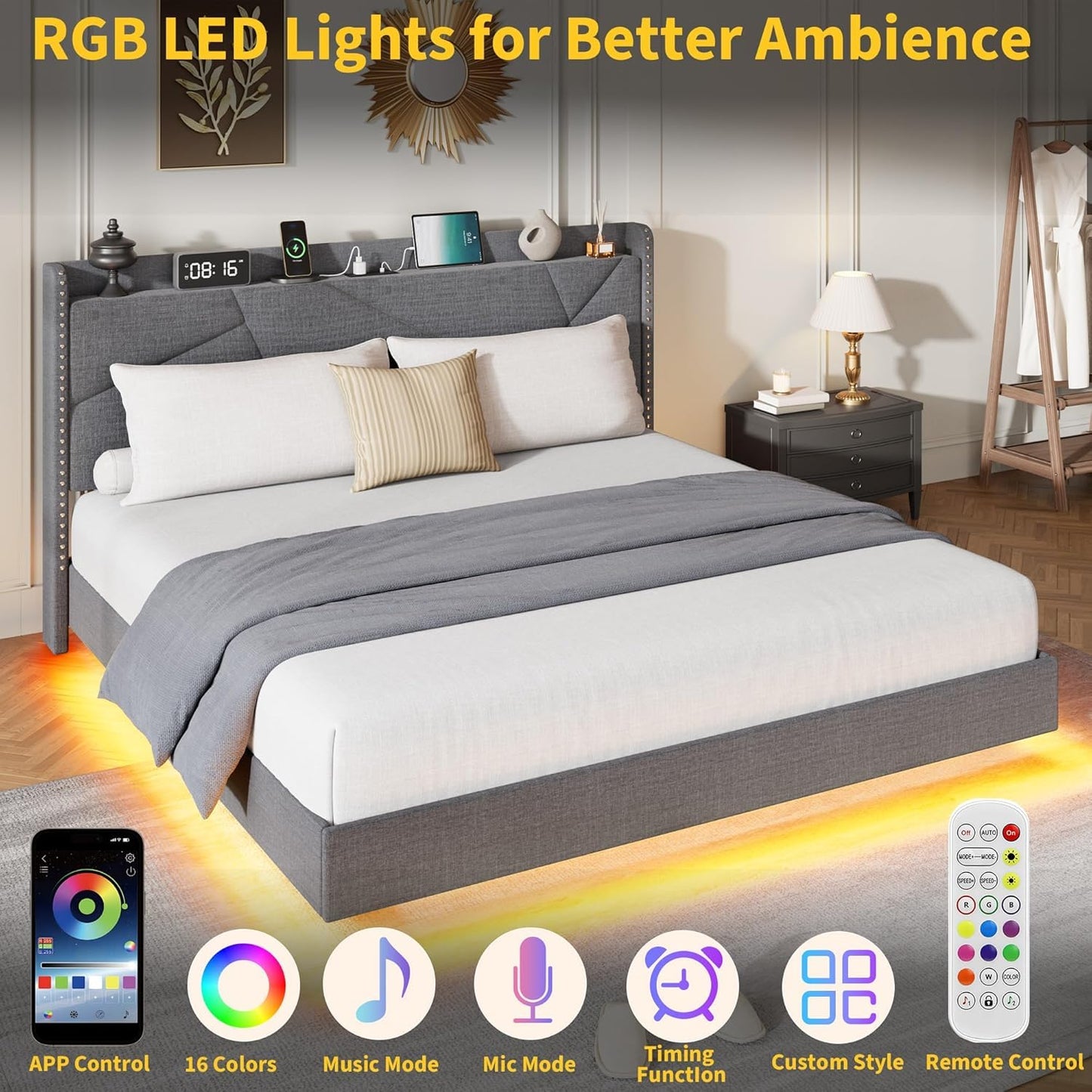 IDEALHOUSE Queen Size Floating Bed Frame with LED Lights & Charging Station – Upholstered Platform Bed with Storage Headboard, No Box Spring Needed, Easy Assembly, Grey