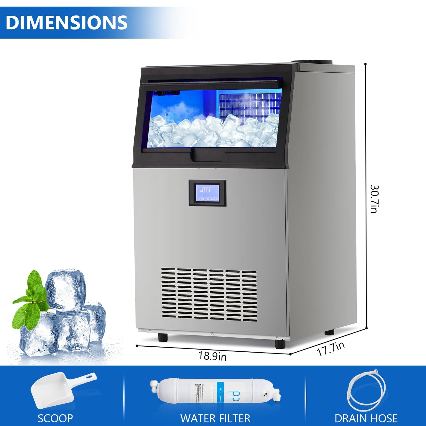 Garvee Commercial Ice Machine, 100 LBS/24h Ice Maker with 2 Water Inlet Modes, 50Pcs/Cycle, 33 LBS Storage Bin, Ice Machine for Home Bar, Coffee Shop, Business