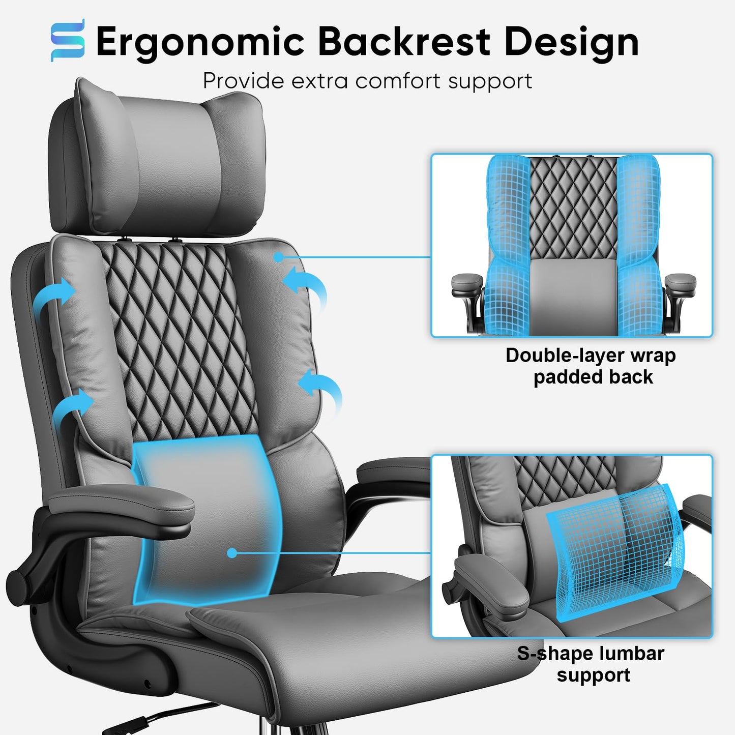 Sytas Ergonomic Office Chair with Adjustable Headrest, Executive Leather Desk Chair with Upgraded Lumbar Support for Lower Back Pain Relief, Thickened Backrest Computer Chair for Home Office, Gray