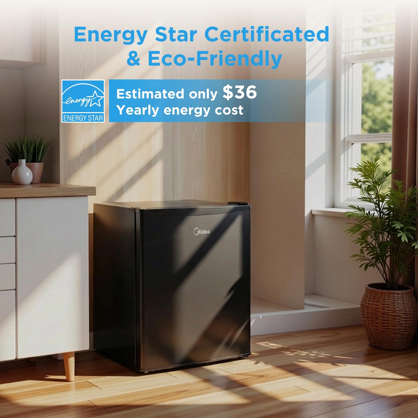 Midea MERM26B0ABB Mini Fridge, 2.7 Cu.ft Energy Star Certified Mini Refrigerator, Adjustable Thermostat, Reversible Door, Low Noise for Dorm, Office, Bedroom, Black