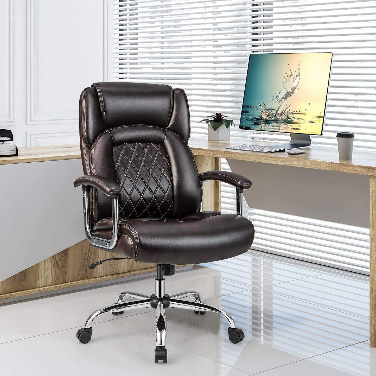 Giantex Big and Tall Office Chair 500 LBS, High Back Executive Office Chair for Heavy People, Adjustable Swivel Desk Chair, PU Leather Computer Chair with Extra Wide Seat for Home Office, Brown