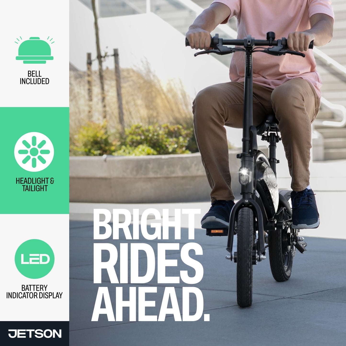 Jetson Bolt Pro Adult Electric Bike, Pedal Assist up to 30 Miles, Foldable, Built-in Carrying Handle, Lightweight Frame, LED Headlight, Dual Disc Brakes, Twist Throttle & Cruise Control, Ages 12+