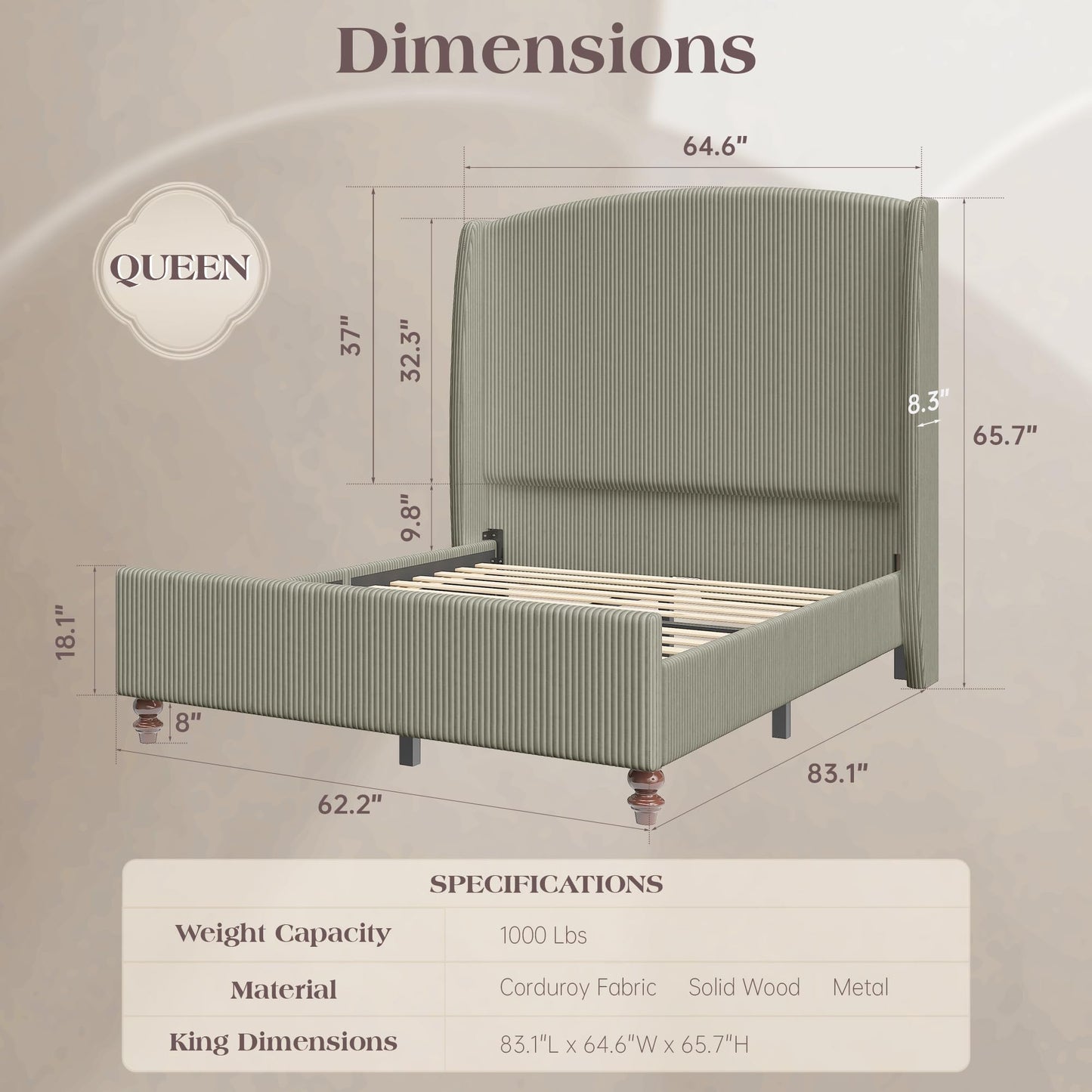 lividido Queen Size Upholstered Bed Frame with 65.7" Tall Headboard Wingback, Soft Washable Corduroy Beds Cover, Solid Wood Legs, Noise-Free, No Box Spring Needed, Light Gray