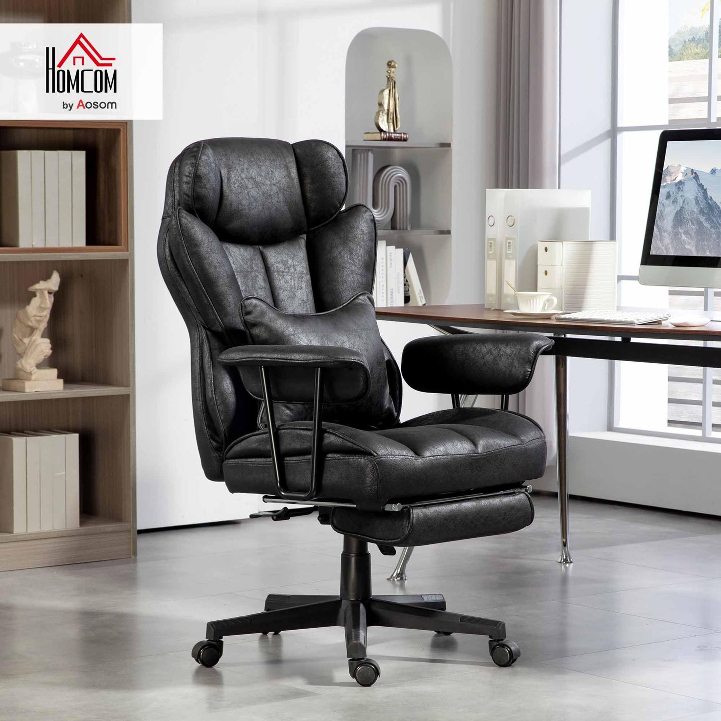 HOMCOM Executive Office Chair, 400LBS Big and Tall Office Chair with Foot Rest, Microfiber Computer Desk Chair with Lumbar Support, Reclining Function and Wide Seat, Black
