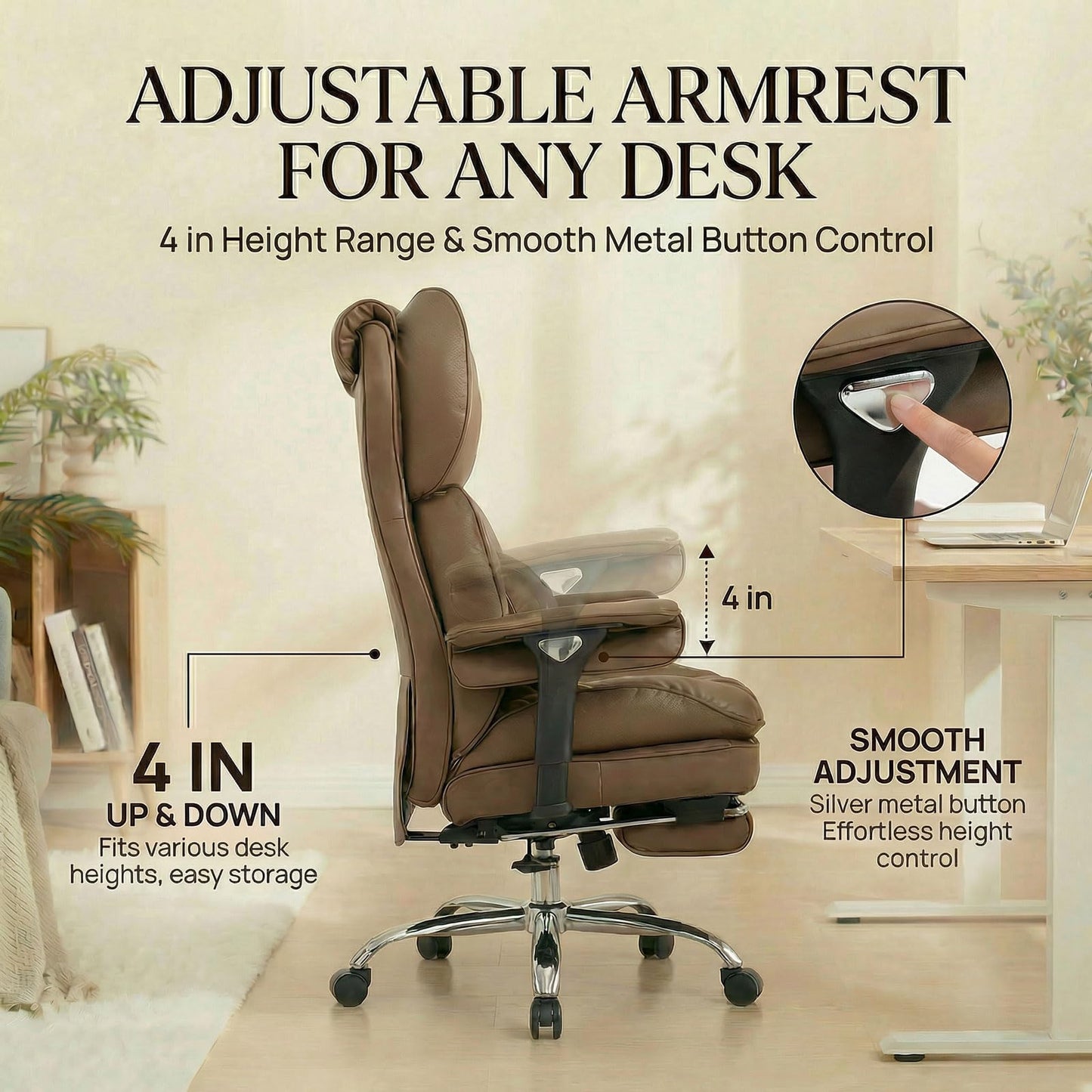 Efomao Big & Tall Executive Office Chair with Footrest - 400lbs Heavy Duty High Back PU Leather Desk Chair, Modern Ergonomic Reclining Computer Chair, Brown