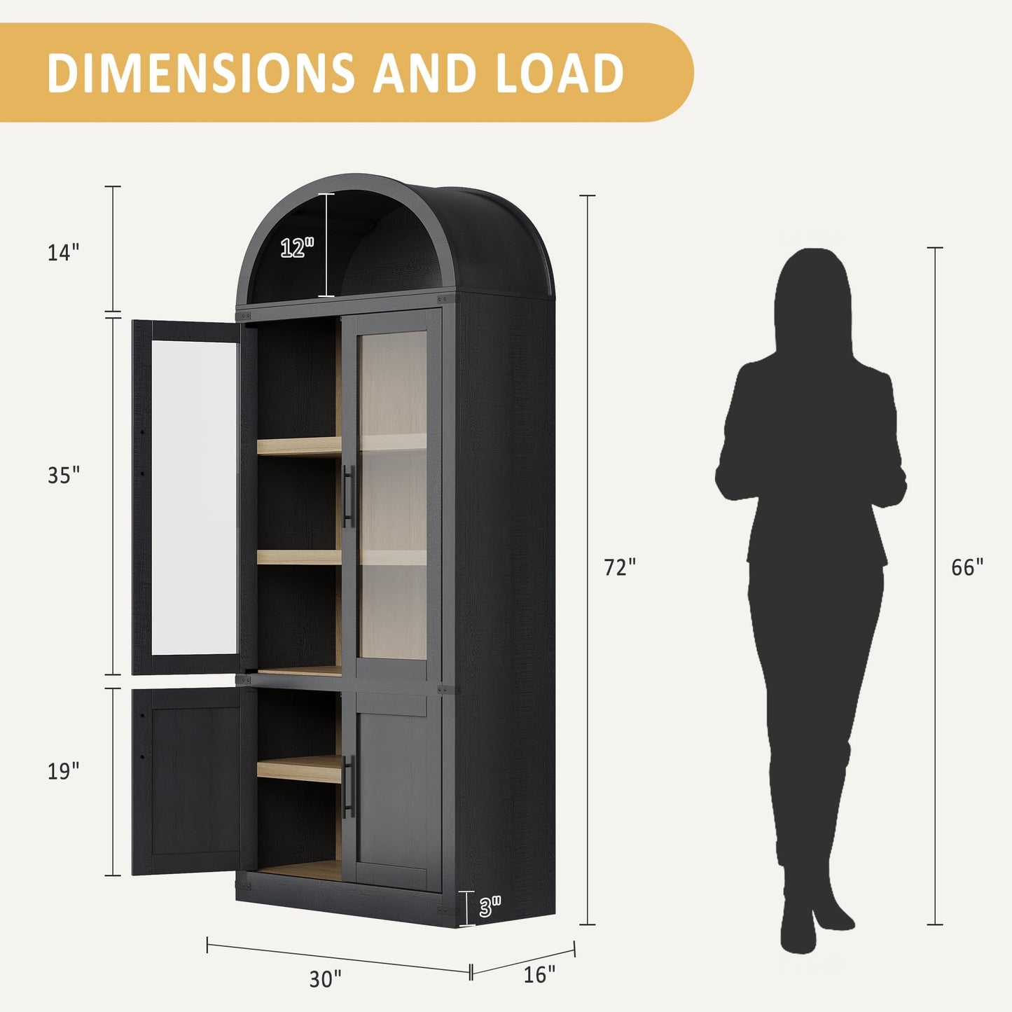 MERXENG Modern 71.6" Kitchen Pantry Cabinet with Doors & Arch Design - 5-Tier Fluted Wood Storage Organizer, Bookshelf for Dining Room, Living Room