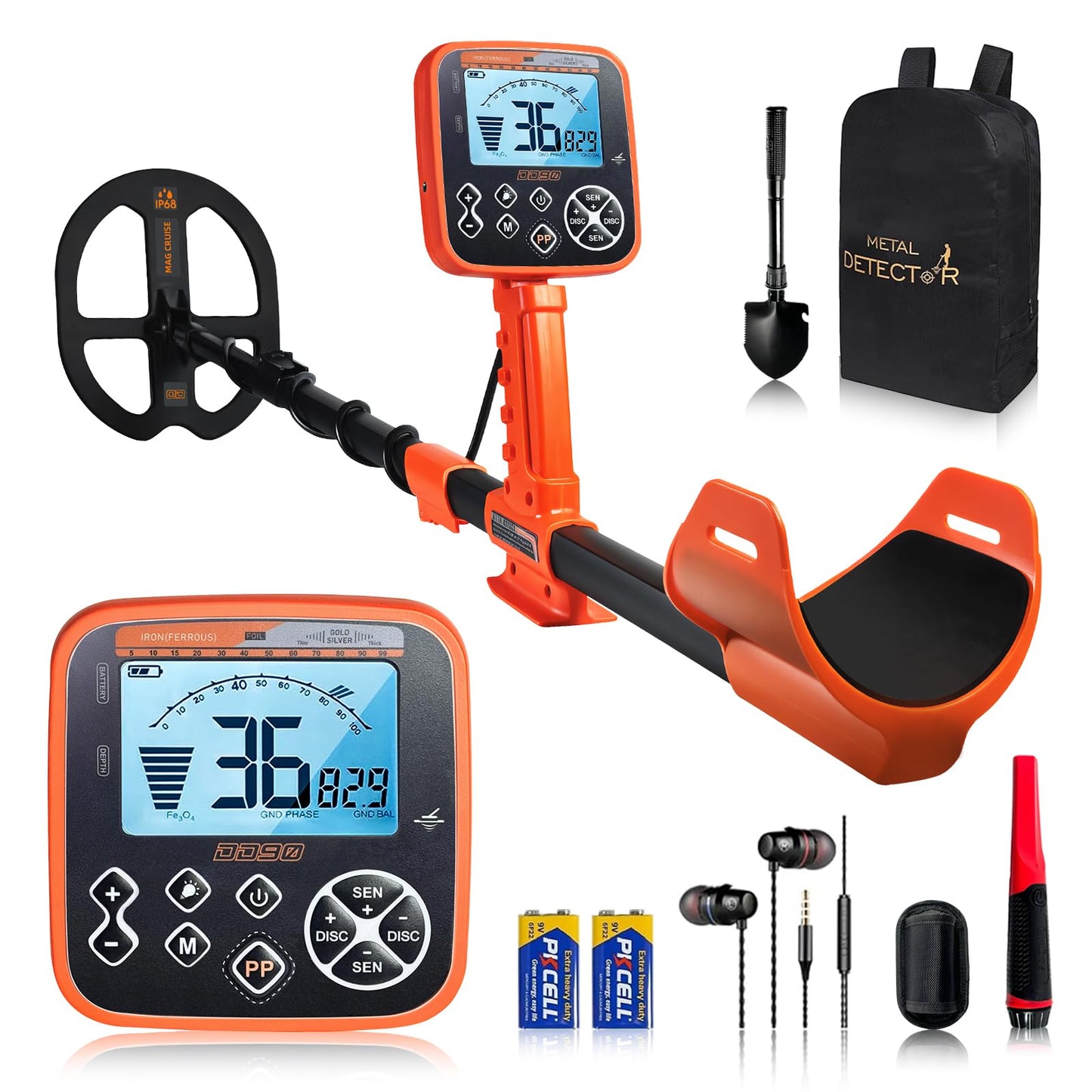 DD90 Dual D Coil Metal Detector, IP68 Waterproof, LCD Backlight | Adult Professional Gold & Silver Detector Set, for Beaches/Rivers