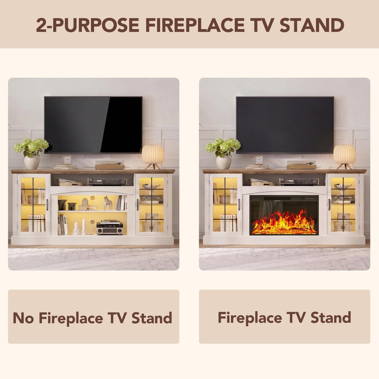 MXV 70" Farmhouse Fireplace TV Stand with 30" Electric Fireplace, Entertainment Center, Media Console Table with Large Storage Cabinets, for Living Room, White