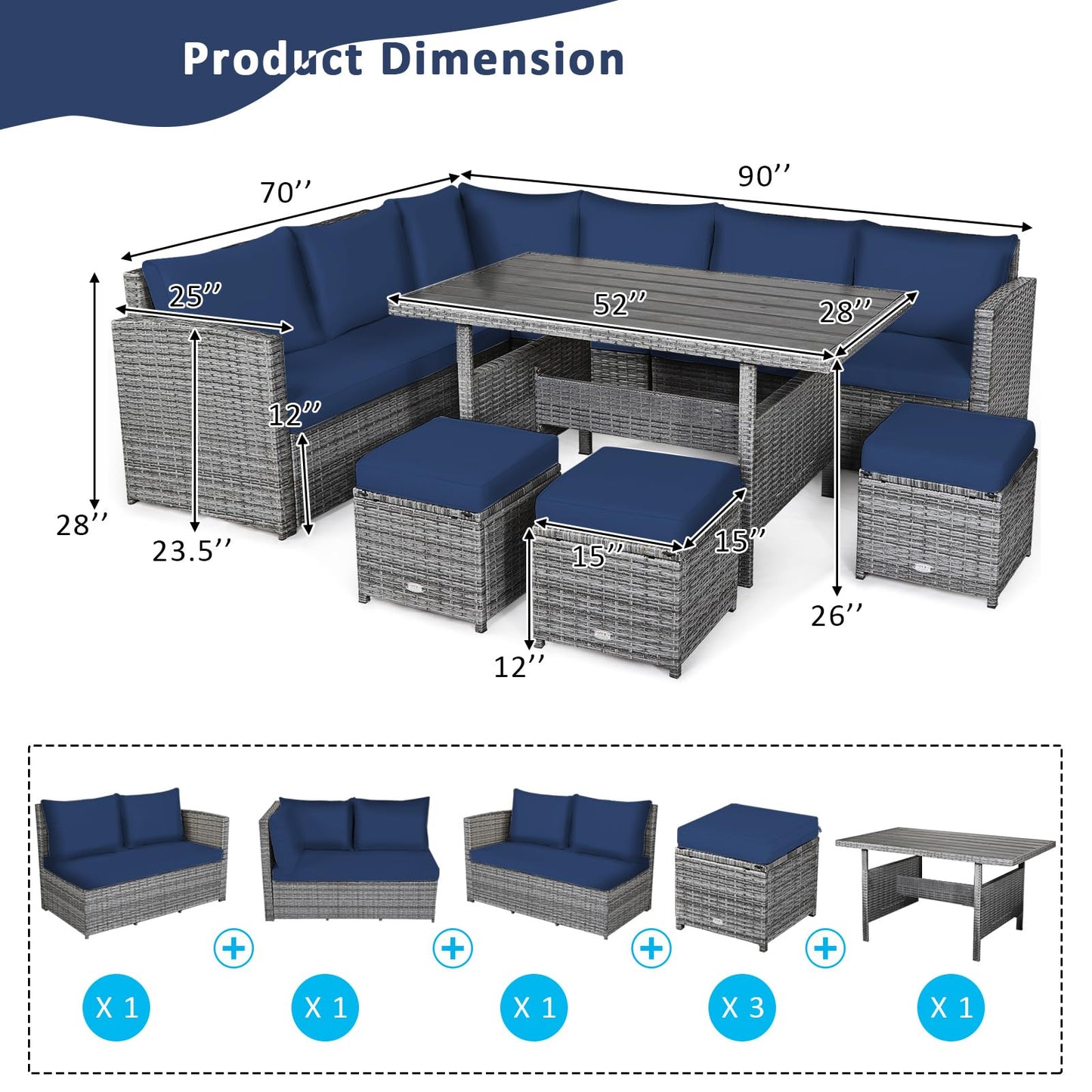 Tangkula 7 Pieces Patio Furniture Set, Outdoor Sectional Rattan Dining Sofa Set with Cushions, All Weather Wicker Conversation Couch Set with Dining Table & Ottomans for Yard Garden Poolside, Navy