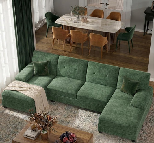 U-Shaped Sectional Couches for Living Room, 4 Seat Sofa with Double Chaise Lounges,Solid Wood Frame Sectional Sofa for Apartment,Green