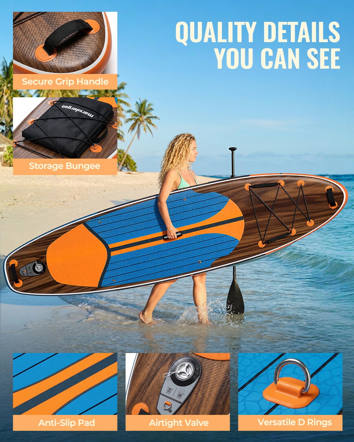 Marsdorgan 11' Inflatable Paddle Board Walnut | Extra Wide SUP with Non-Slip Deck for Adults | Stable for Lake Ocean, Complete Kit with Pump/Backpack/Paddle