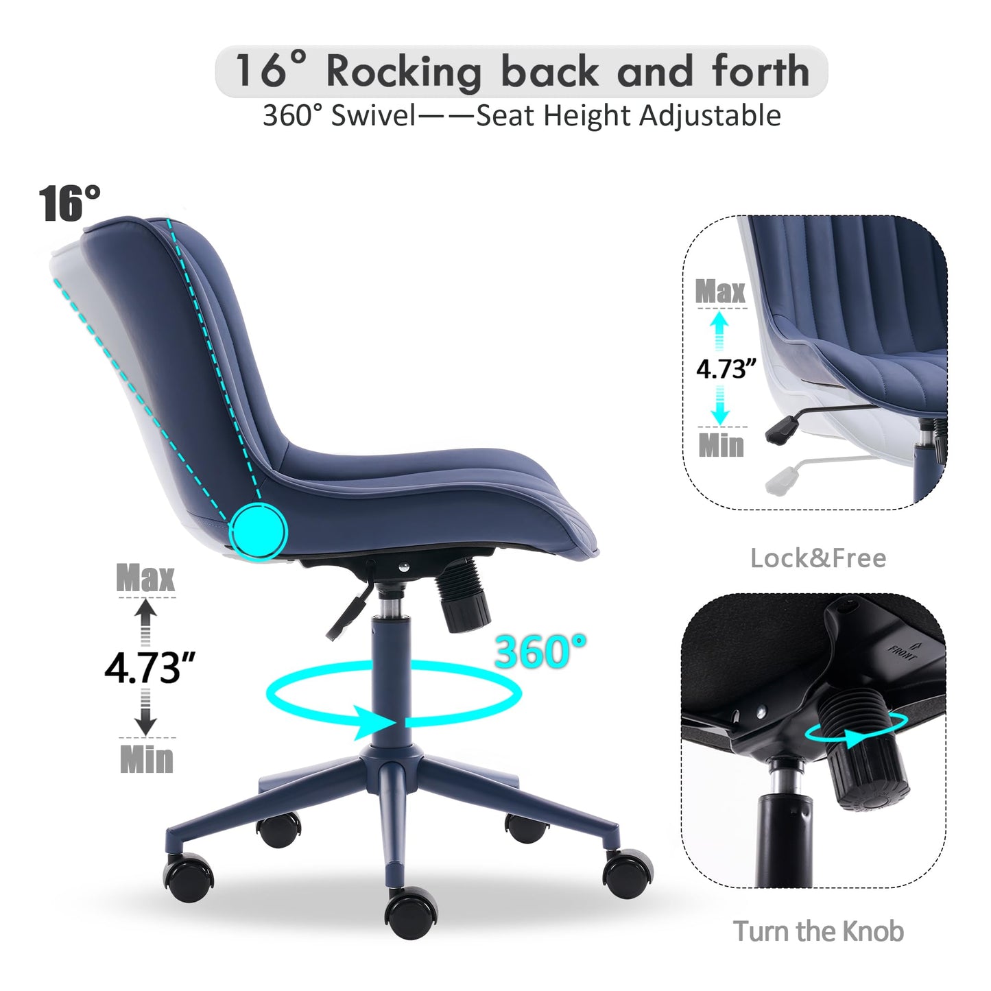 YOUNIKE Office Desk Chair with Wheels Armless Vanity Chair with Back Comfy Leather Upholstered Rolling Task Chair Swivel Small Cute Sewing Chair No Arms Wide Ergonomic Mid-Century Modern Navy Blue