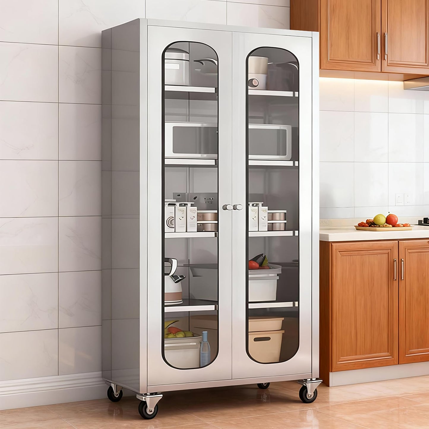 ZZV 68" Tall Stainless Steel Storage Cabinet with Wheels, Fully Assembled 5-Tier Kitchen Pantry Cabinet with Glass Doors for Garage, Utility Room, Laundry Room, Restaurant, Cafe, and Outdoor