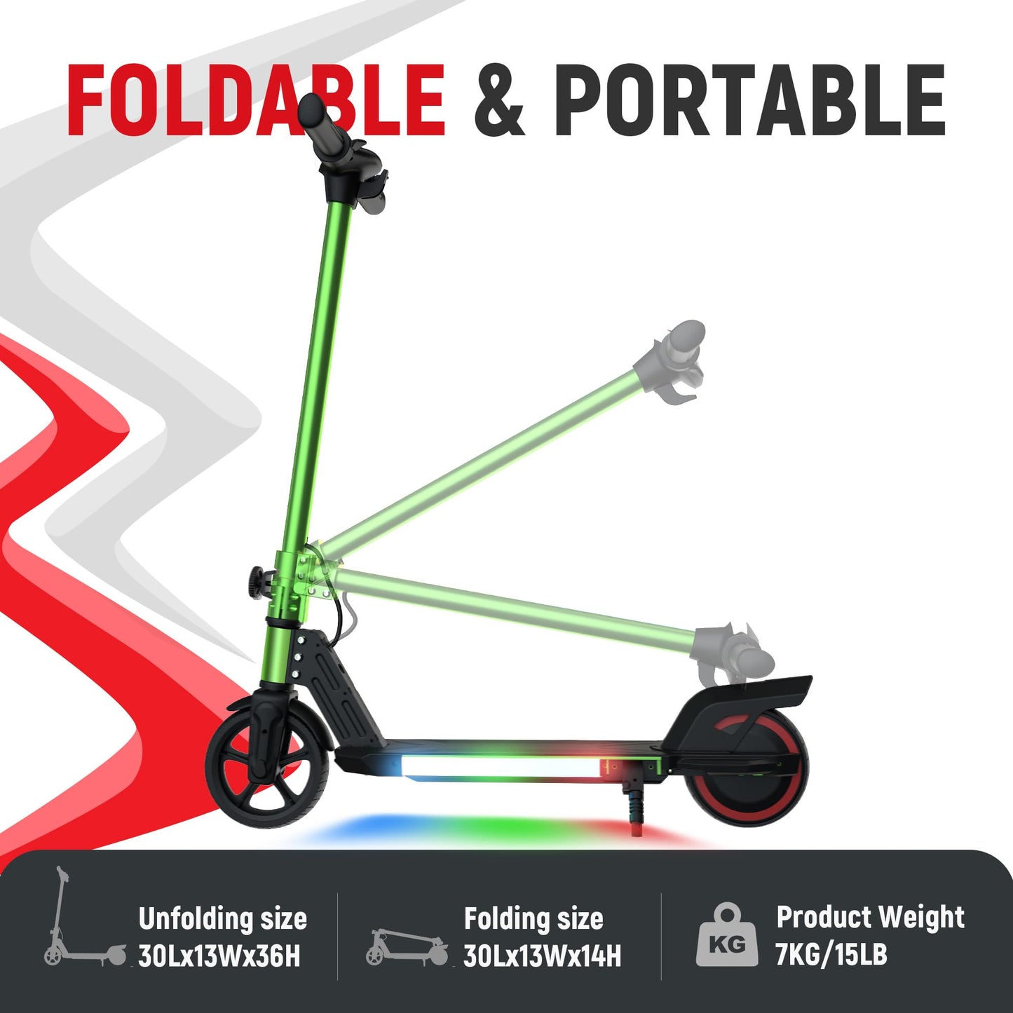 WEELMOTION Green Electric Scooter for Kids, Bright Front Bar Lights, Head Lights, Shining Pedal, LED Display, Dual Brakes, 150W Lightweight Foldable Kids Electric Scooter, UL2272 Certified