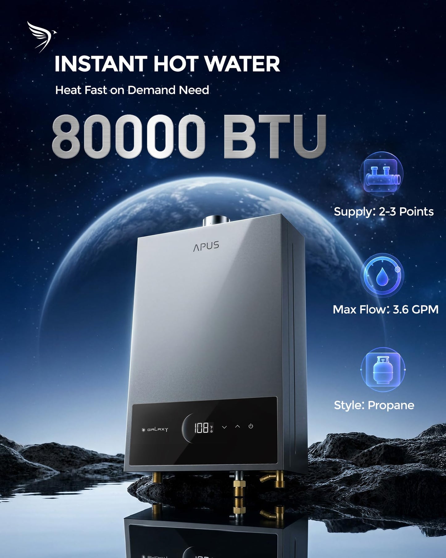 APUS Tankless Water Heater Propane Gas, Up to 3.6 GPM, Indoor Hot Water Heater, 80,000 BTU on Demand Instant Hot Water Heaters with Smart Digital Display