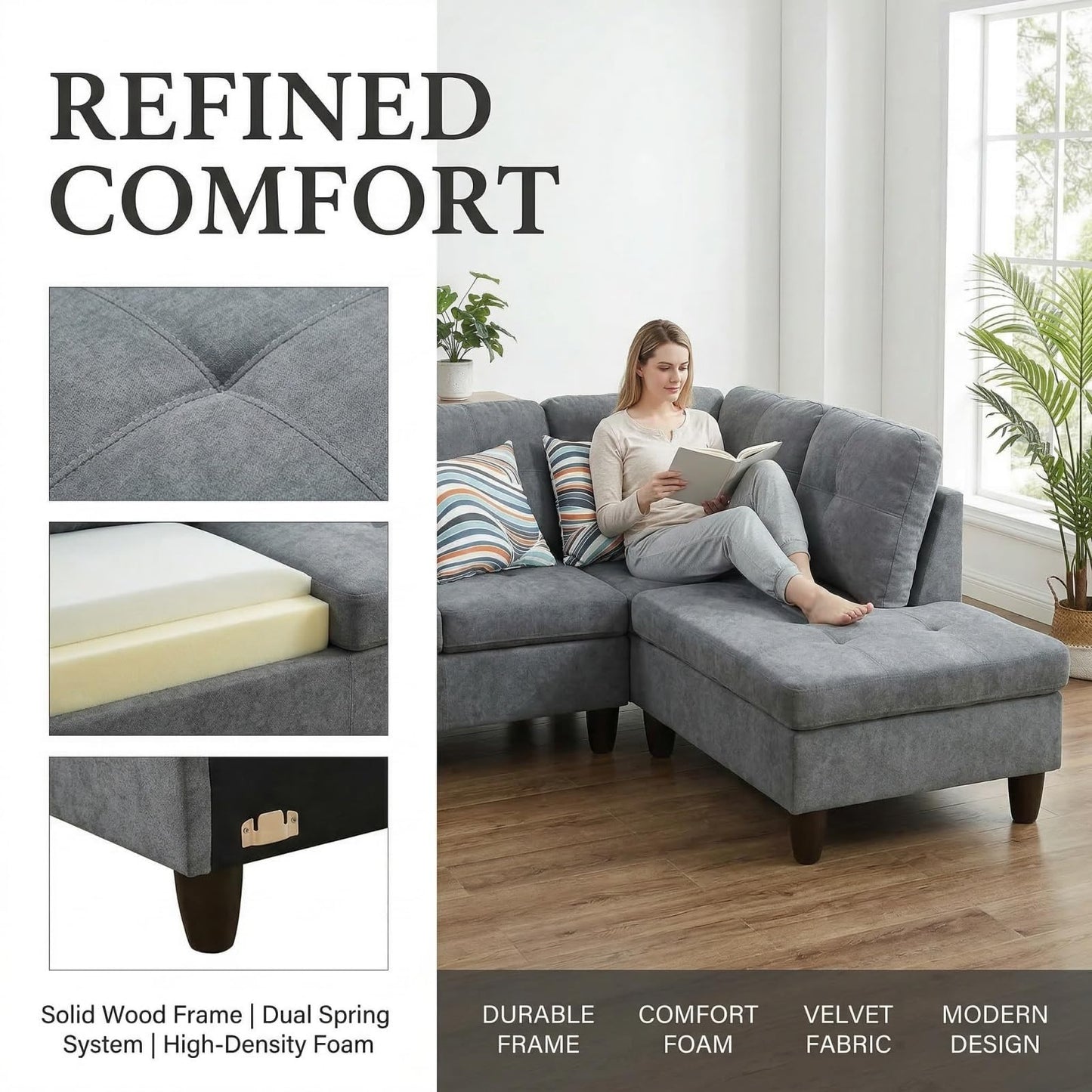 Trygoal L-Shape Sofa with Storage Ottoman, Fluffy Fabric Sectional Couch with Right Chaise, Modern 3-Piece Sofa Set for Living Room, Upholstered Couch Set with Solid Wood Frame, Dark Grey