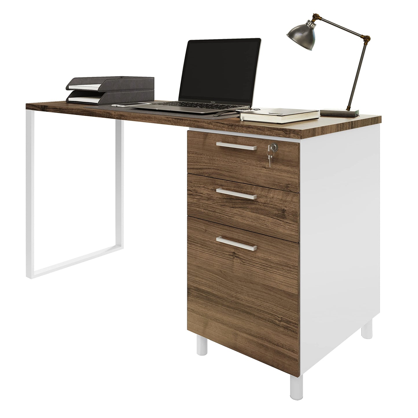 Modern Design Milano Office Desk with 3 Locking Drawers, 48 Inch White and Walnut Industrial Wood Desk with Filing Drawer and Storage, by Crafts and Comfort