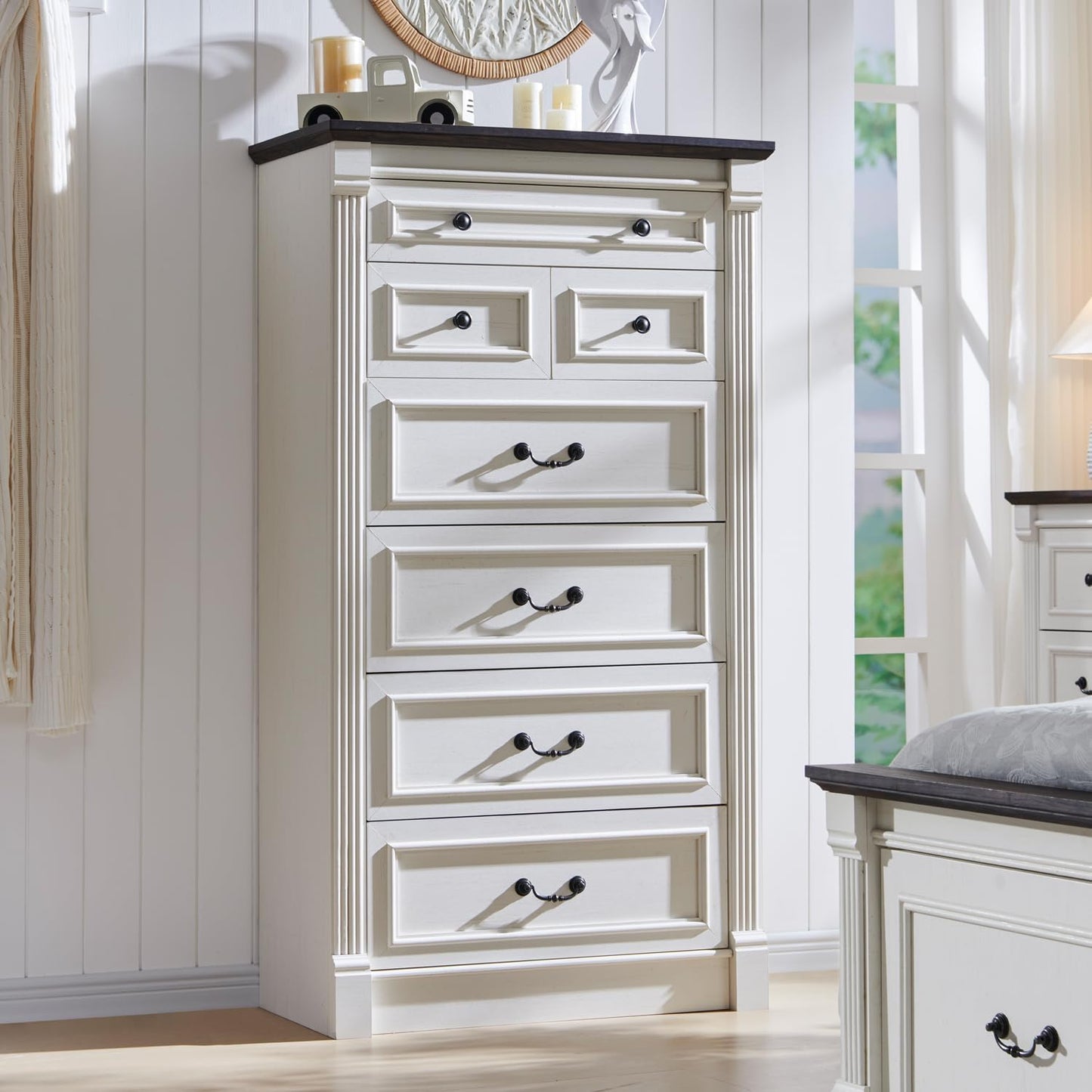 Aitjunz Farmhouse 7 Drawers Dresser for Bedroom, 57" Tall Dressers & Chests of Drawers w/Roman Column, Large Storage Dressers Organizer for Bedroom, Hallway, Living Room, White