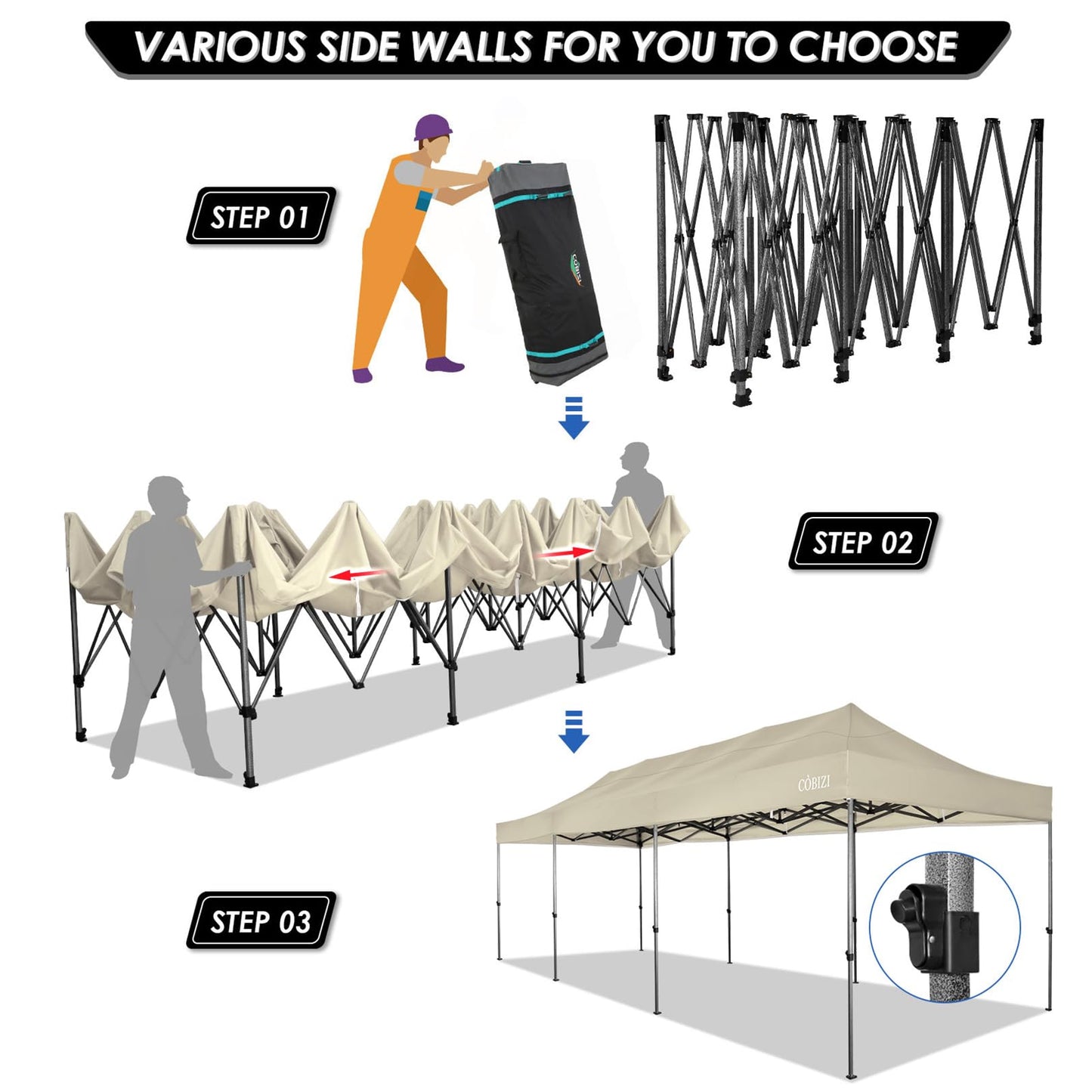 COBIZI 10x30 Pop up Canopy with 8 Removeable Sidewalls, Heavy Duty Party Tents for Parties, Events and Weddings, UPF 50+ Waterproof Commercial Tent with Roller Bag, Khaki (Windproof Upgraded)