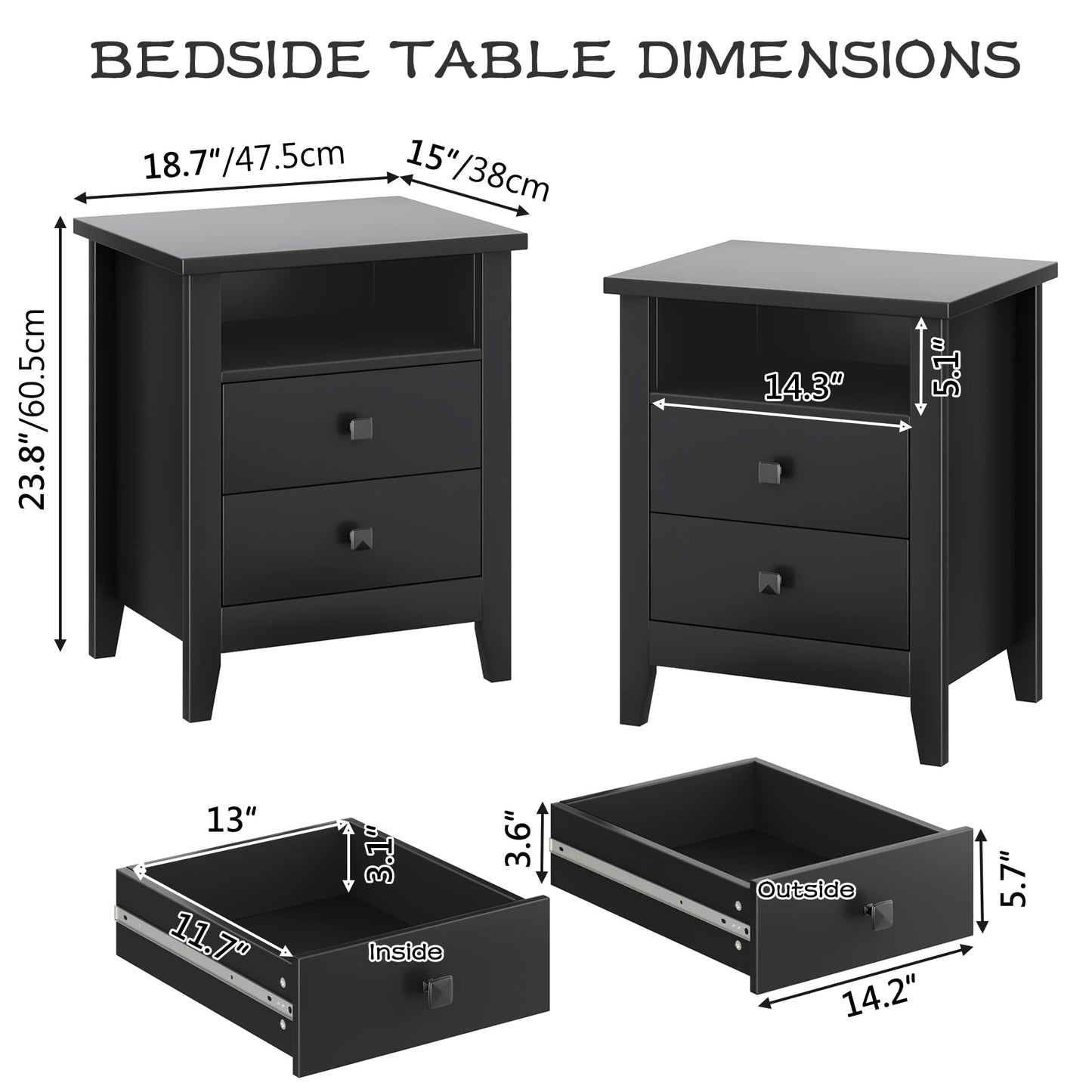 JSB Farmhouse Nightstand Set of 2, Night Stand with 2 Drawers,Open Shelf, End Table/Bed Side/Side Table for Bedroom, Kids Room, Living Room (Black, 18.7" W x 15" D x 23.8" H (2 Drawers))