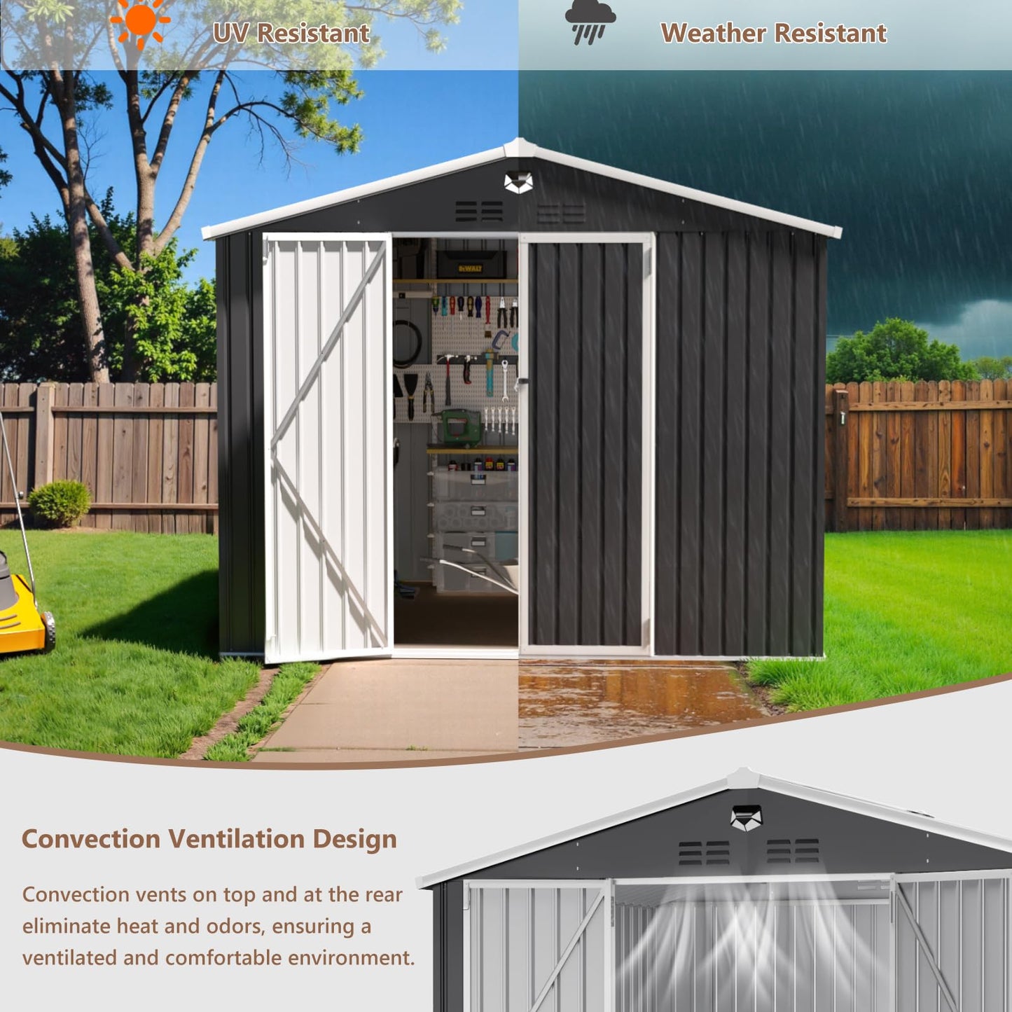 Softkiss 10x8 FT Outdoor Storage Shed, Metal Garden Shed - Tool Storage Sheds with Lockable Doors, Waterproof Outside Storage Building for Backyard, Patio (Black; Floor Not Included)