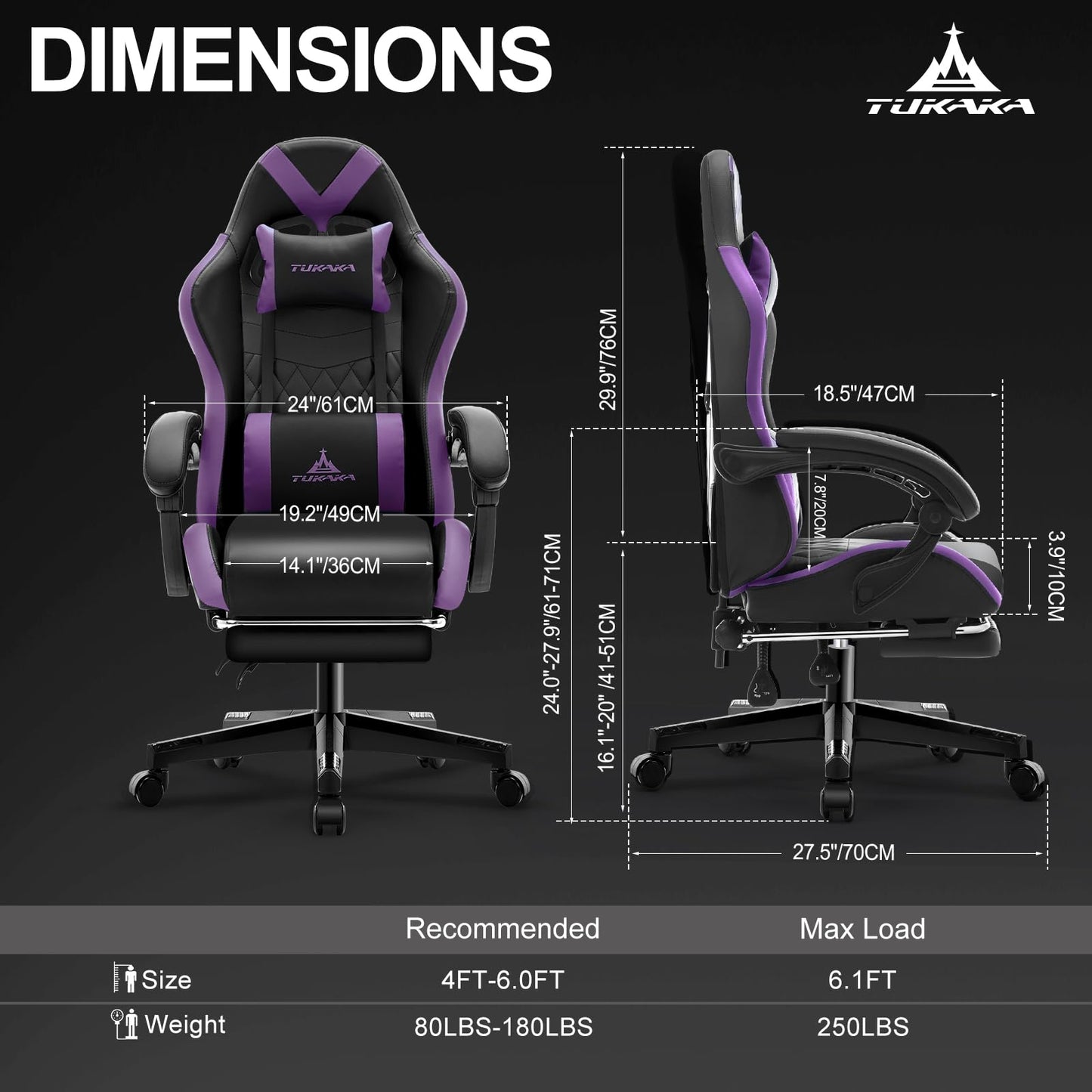 TUKAKA Gaming Chair,Ergonomic Massage Computer Office Desk Chair with Footrest,Pocket Spring Cushion,Reclining Leather Adjustable Gamer Chair with Headrest and Lumbar Support,Purple