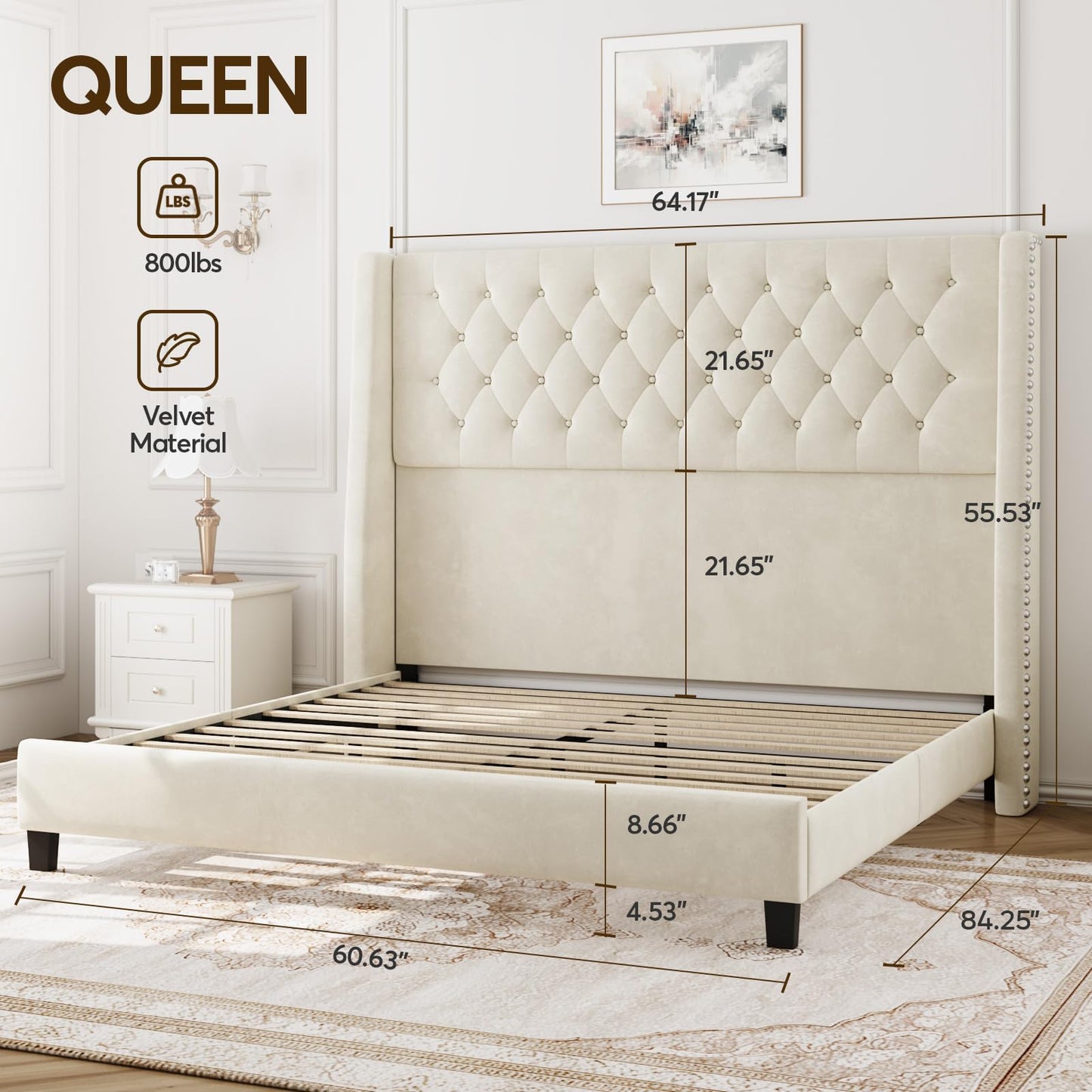 SEREINEY Queen Bed Frame with 55" Tall Headboard, Upholstered Bed Frames, Soft Fabric, Button Tufted Headboard with Windback, Platform Bed, Noise-Free, No Box Spring Needed, Beige