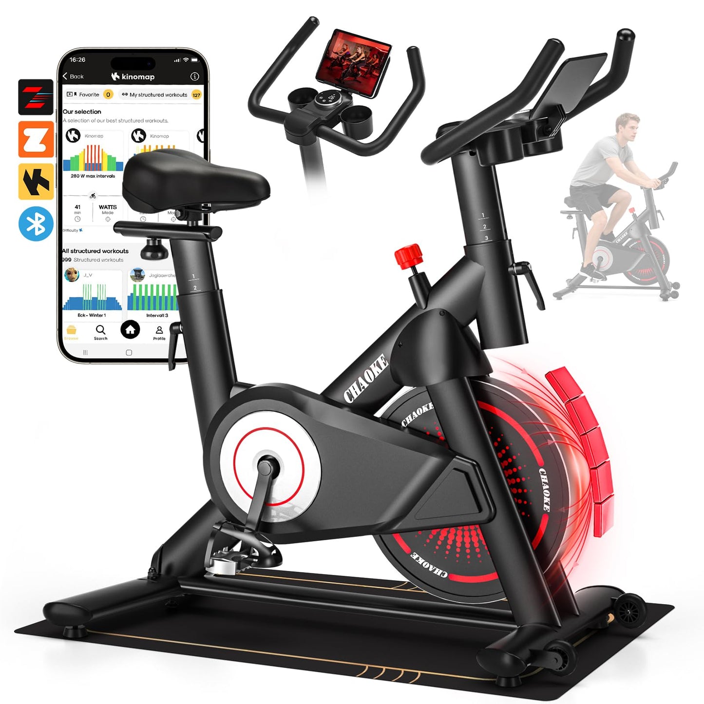 CHAOKE Exercise Bike, Quiet Adjustable Magnetic Stationary Bike for Home Cardio with App Compatible, 350LB Weight Capacity Indoor Cycling Bike with Mat, Large Seat, Digital Display for Home Fitness