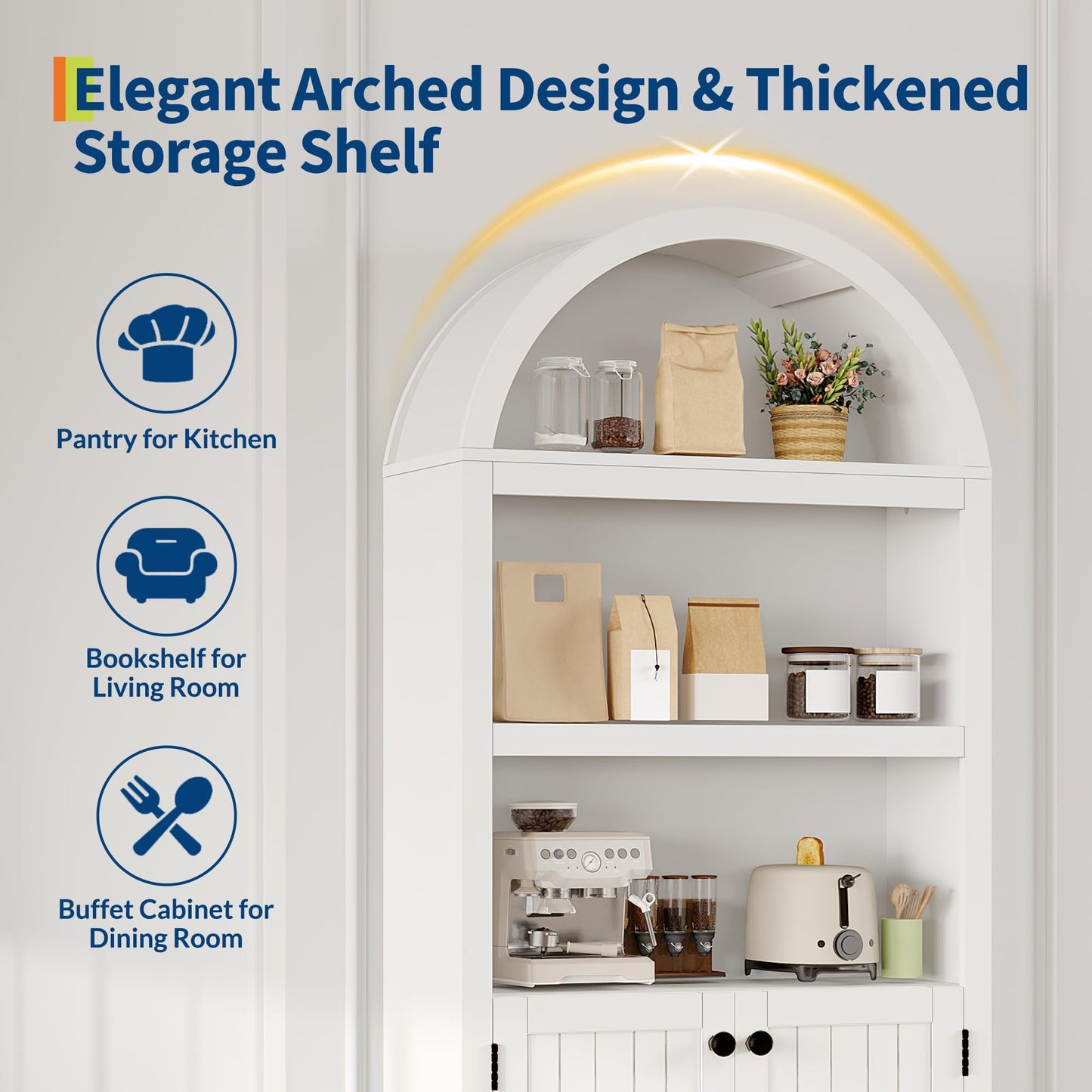 IDEALHOUSE Arched Bookcase with Doors, 72 Inch Tall Storage Bookshelf with Cabinet and Shelves, Wooden Display Bookcase for Living Room, Home Office, White with Black Handles