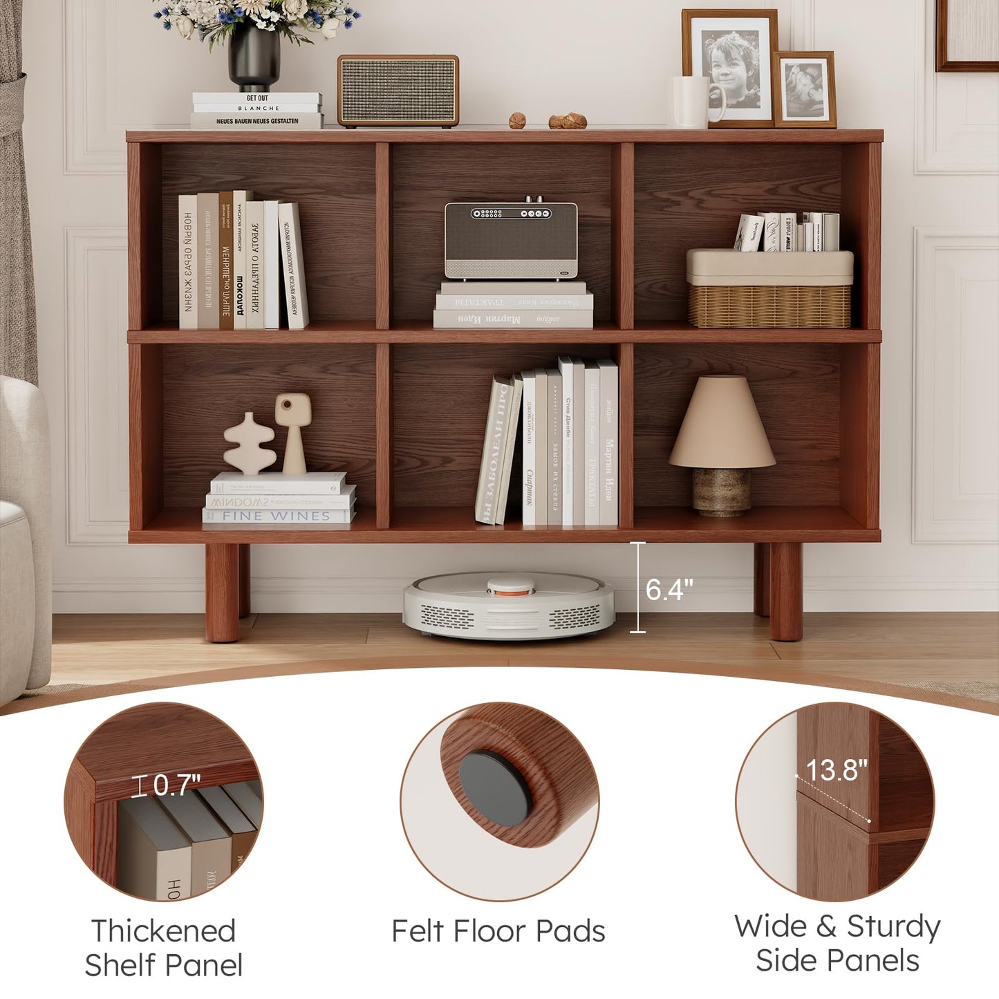 Solid Wood 6 Cube Storage Organizer, Horizontal Bookshelf with Storage, 2 Shelf Bookcase, 6 Cube Shelf, TV Stand Bookshelf, Small Book Shelf for Kids Rooms, Bedroom, Living Room, Offices (47.2 Wide)