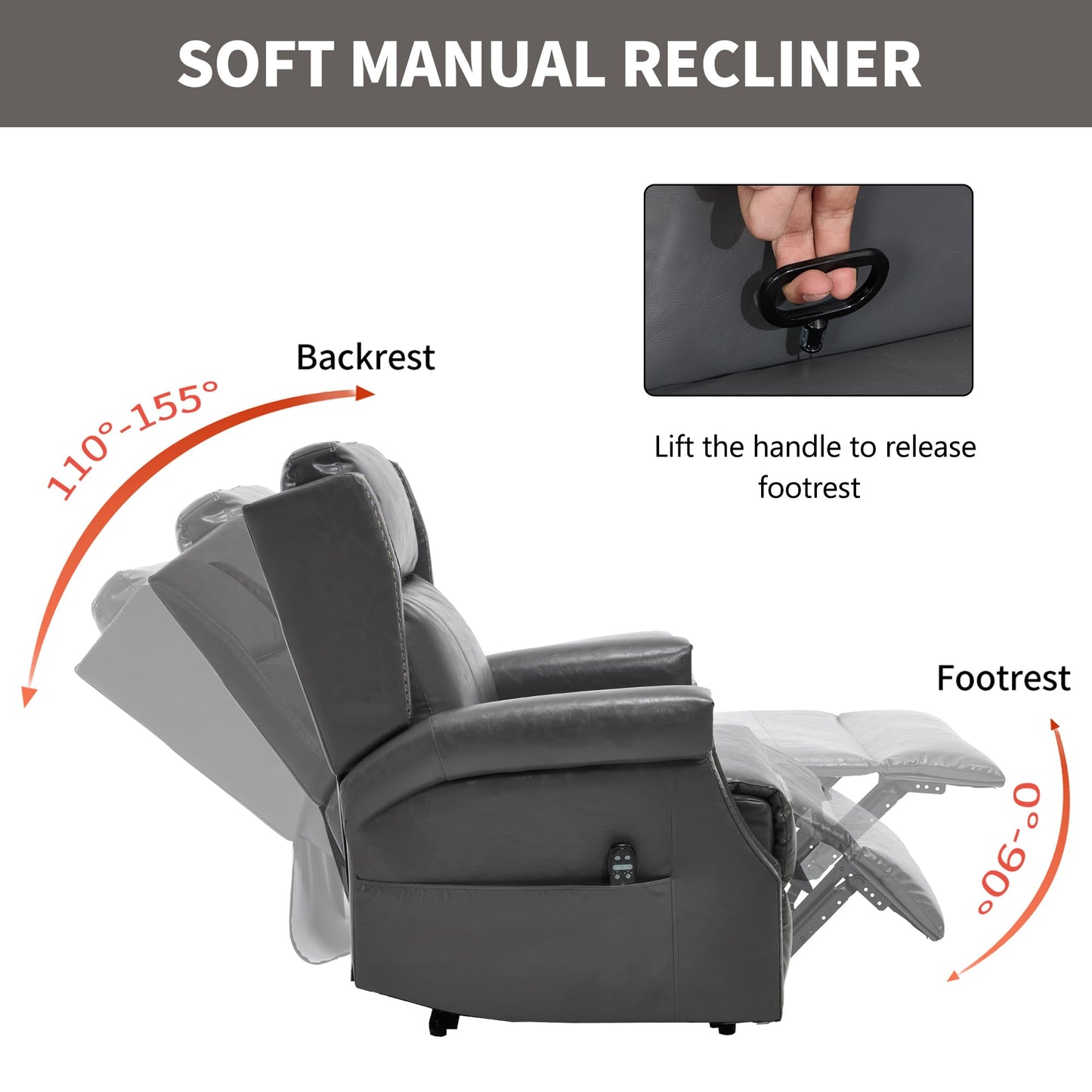 KEIKI Mid Century Modern Oversized Recliner Accent Chair for Adults, Manual Leather Recliner Chair with Back Massager and Heating for Living Room, Comfy Rocking Chairs for Small Spaces, Grey