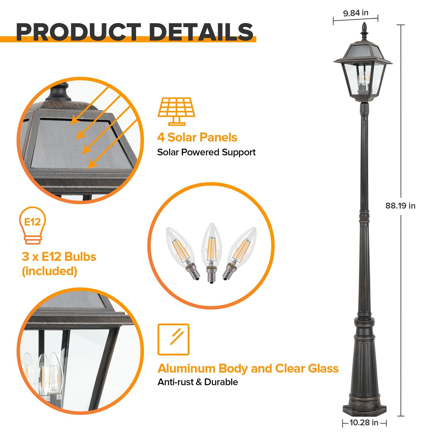 LUTEC Outdoor Solar Lamp Post Light, 300LM Waterproof, Aluminum, Brown, Dusk to Dawn for Garden, Patio, Yard