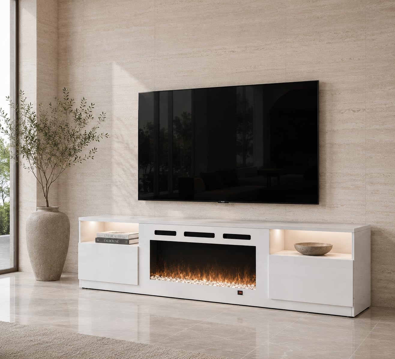 OneBlis 70" Fireplace TV Stand for TVs Up to 80",Entertainment Center with 36” Electric Fireplace and 12 Colors LED Lights,Large TV Console with Storage Cabinet for Living Room,All White
