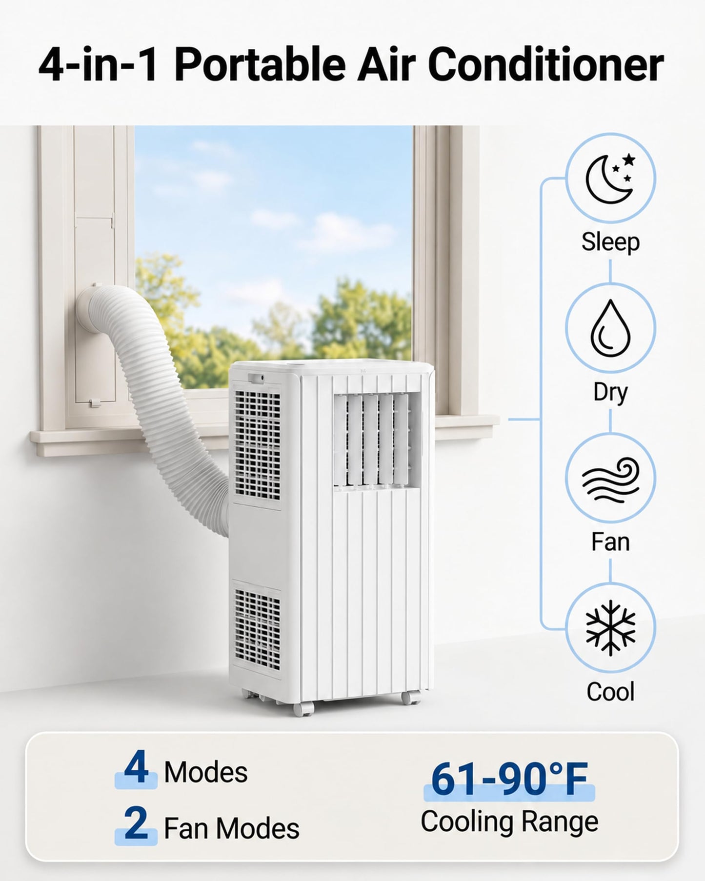 8,000 BTU Portable Air Conditioners, Cools Room Up to 350 Sq.Ft, 4-in-1 AC Unit with Dehumidifier & Fan Mode, Remote Control, Ultra-Quiet 50dB, White & Black, Easy Window Kit