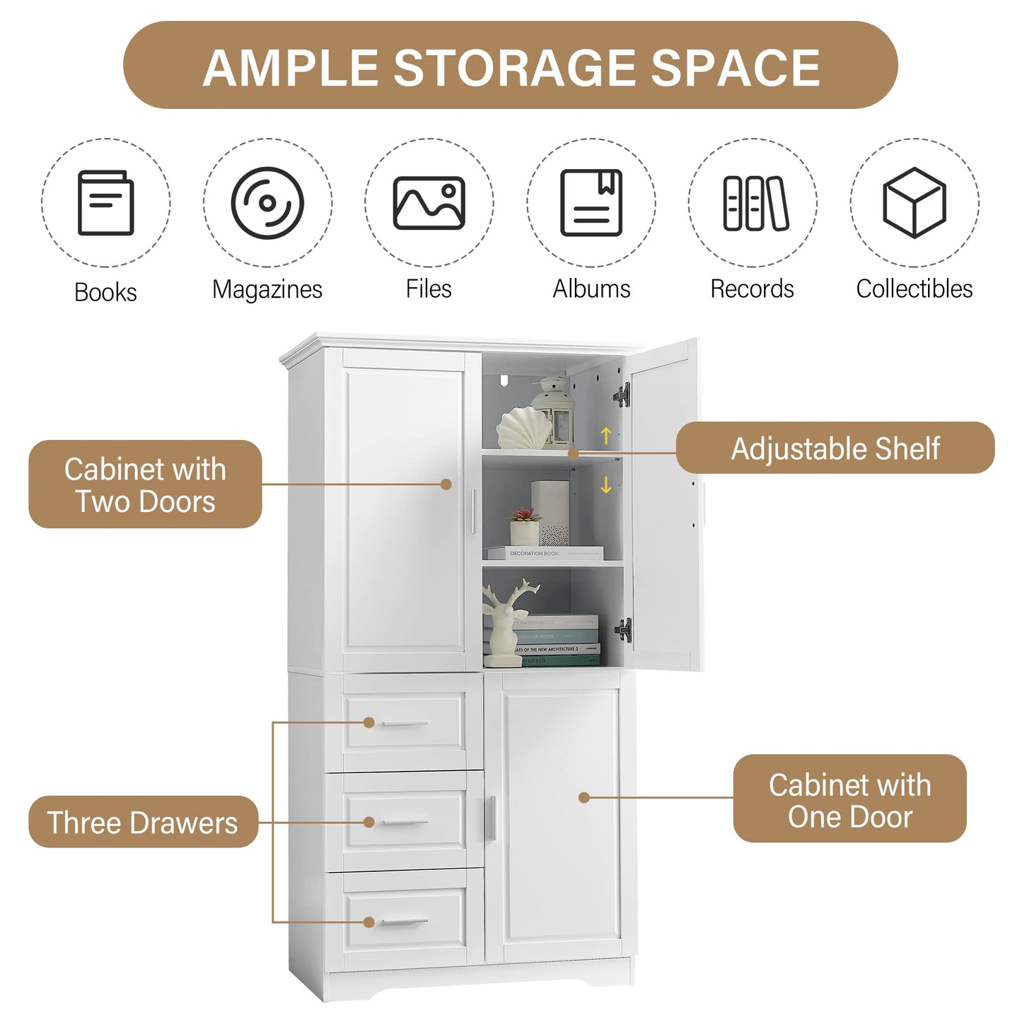 Merax 62.2" Pantry Cabinet with Three Doors & Three Drawers, Adjustable Shelves Storage Cupboard for Kitchen/Dining Room/Bathroom, White