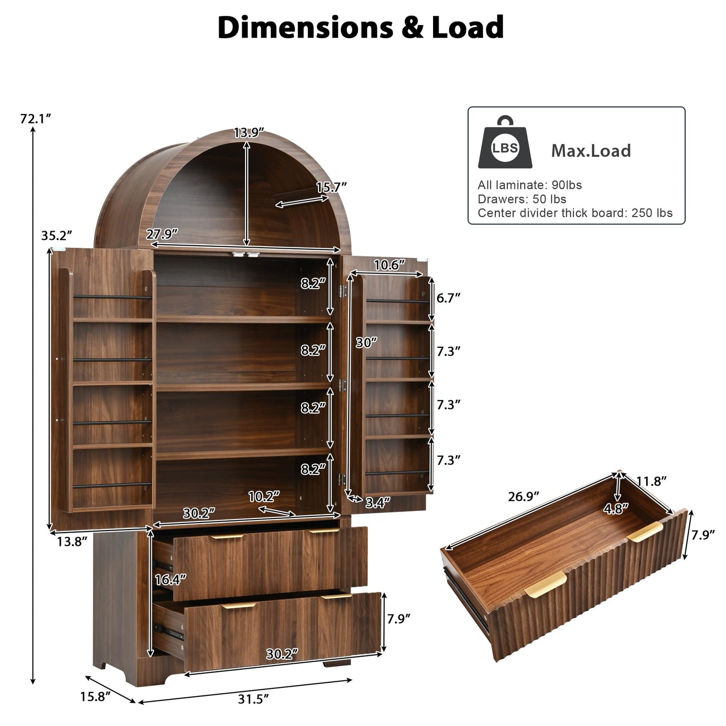 Merax 72" Tall Arched Kitchen Pantry Cabinet with 2 Drawers, Mid Century Modern Fluted Storage Cabinet with 3 Adjustable Shelves & 8 Door Shelves, Wooden Cupboard Organizer for Kitchens (Walnut)