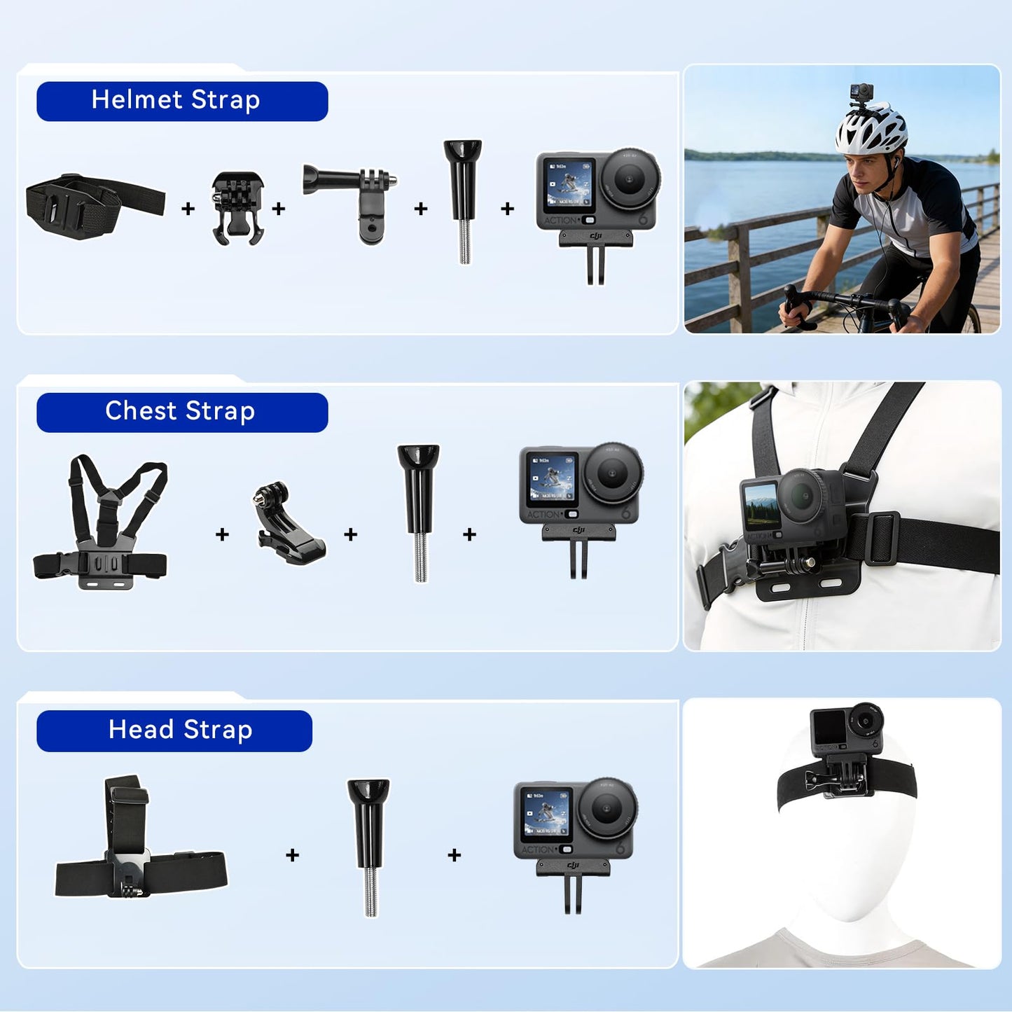 DJI Osmo Action 6 8K Waterproof Action Camera Bundle, 1/1.1" Square Sensor, Variable Aperture of f/2.0–f/4.0, 50GB Built-In Storage, Original Essential Combo + 58 Piece Accessory Kit + Extra 64GB Card