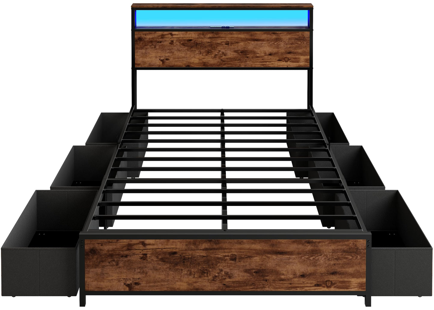 Forestell Full Size Bed Frame with Storage Headboard & 6 Drawers,Sturdy Platform Bed Frame Full with Charging Station,LED Lights,2-Tier Wood Shelf Industrial Bedframe-Noise Free/No Box Spring Needed
