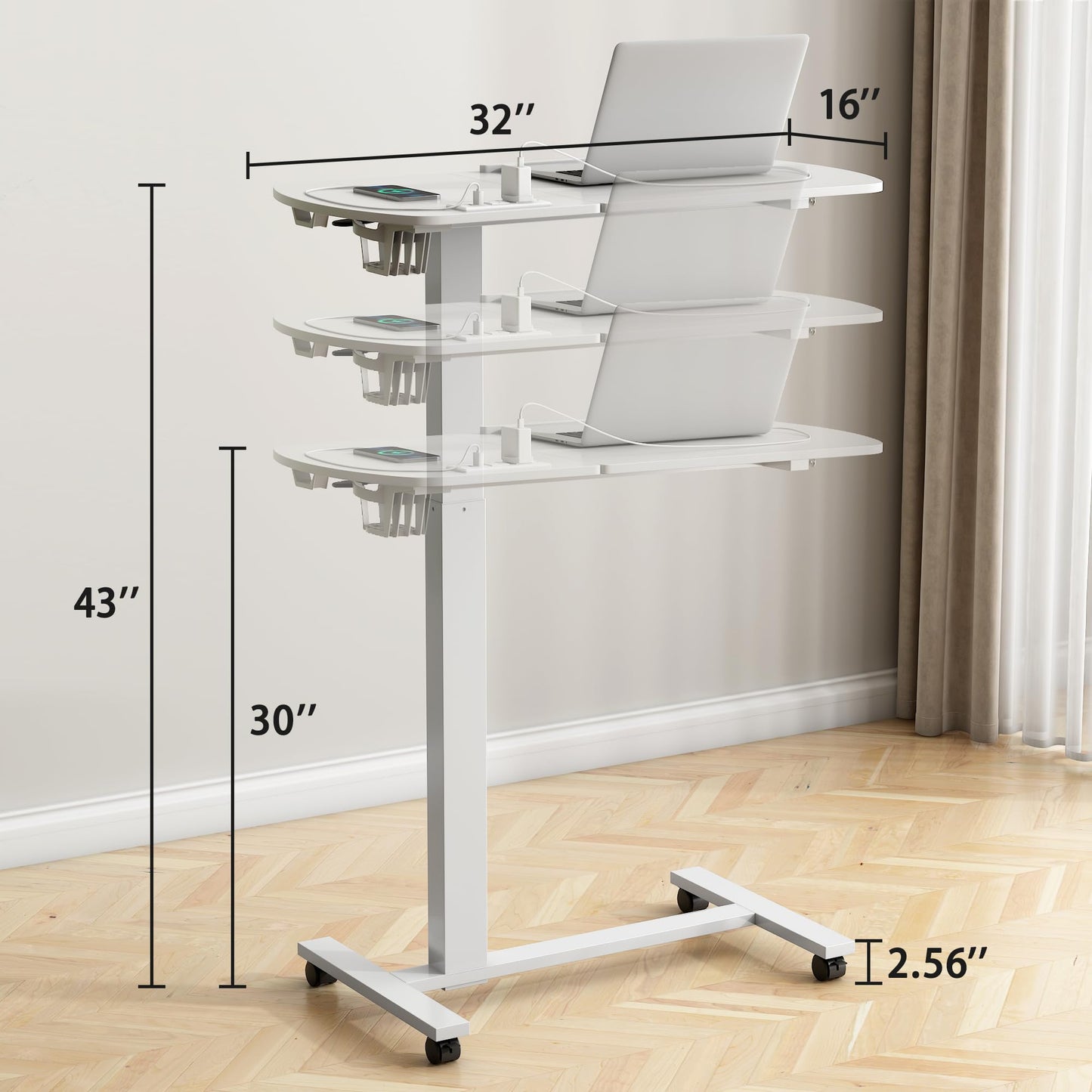 6 In 1 Overbed Bedside Table with Wheels, 32'' Long 90° Medical Adjustable Tilt Hospital Bed Table, Standing Desk with Charging Station Cup Holder Hook, 30''-43'' Height Home Hospital Office (White)