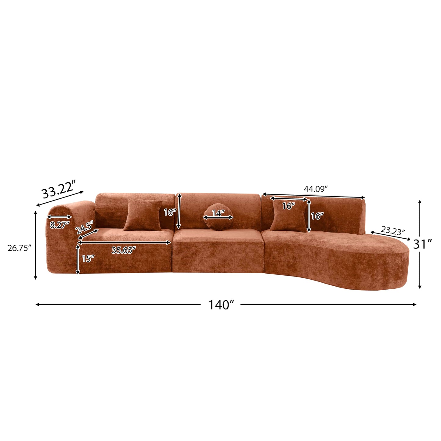 Merax 140" Curved Polyester Sectional Sofa Set, 7 Seat Modern Cloud Couch with Chaise Lounge,3 Pillows, Fully Assembled for Living Room, Orange