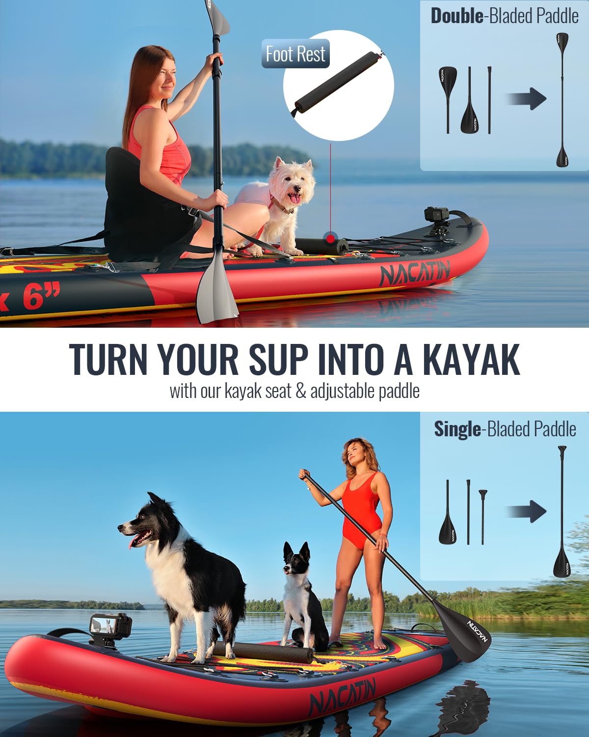 NACATIN 12' Extra Large Inflatable Stand Up Paddle Board with Seat, Wide 36" SUP Board for Adults & Family, with Single/Double Paddle, Kayak Seat, Pump, Stable Wide Deck for Beginners, Lake and River