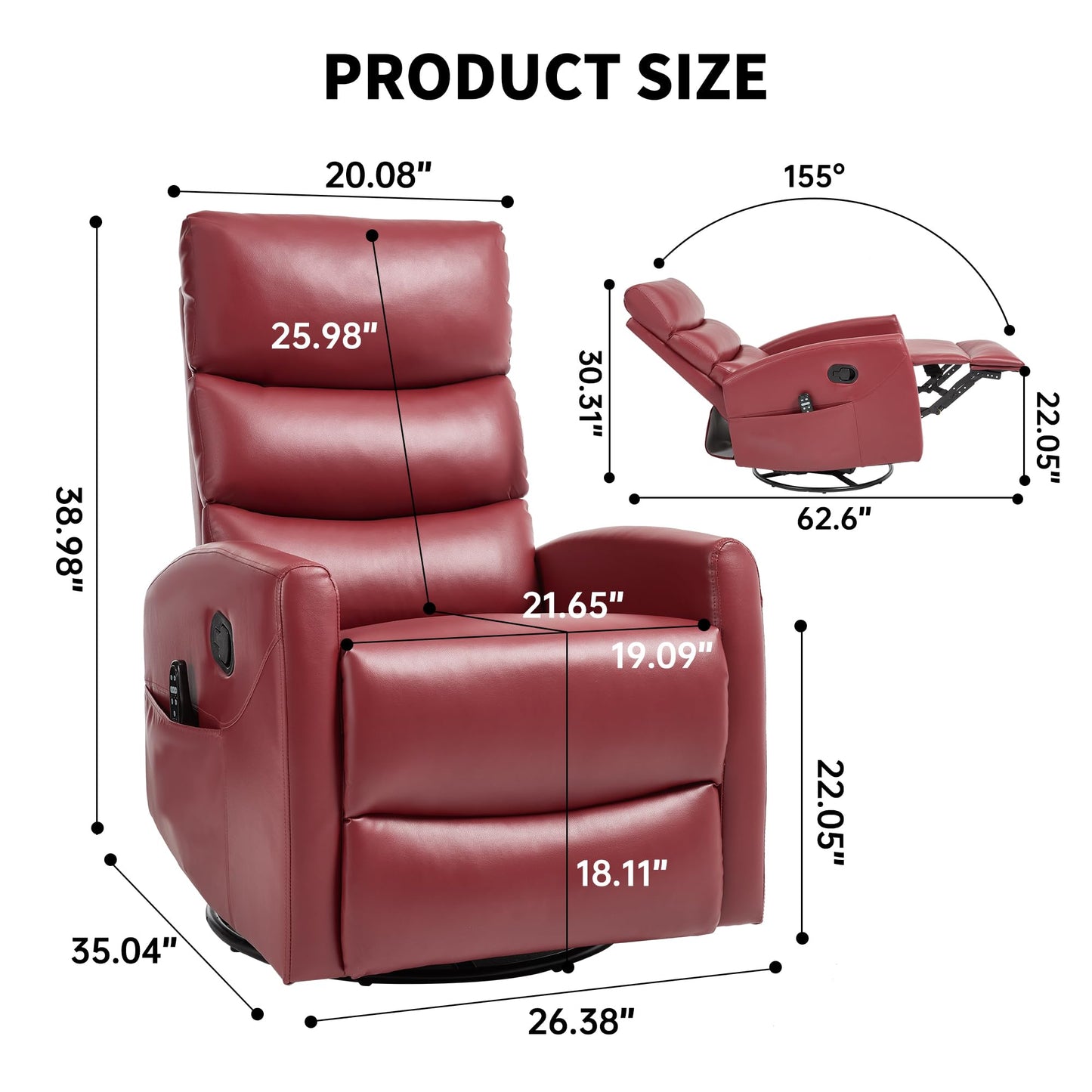 KEIKI 4-in-1 Manual Swivel Rocker Recliner Chair for Home Living Room, Faux Leather Chair with Back Massager & Heat, Home Theater Seating with Lumbar Support, Comfy Reading Chairs for Adults, Red