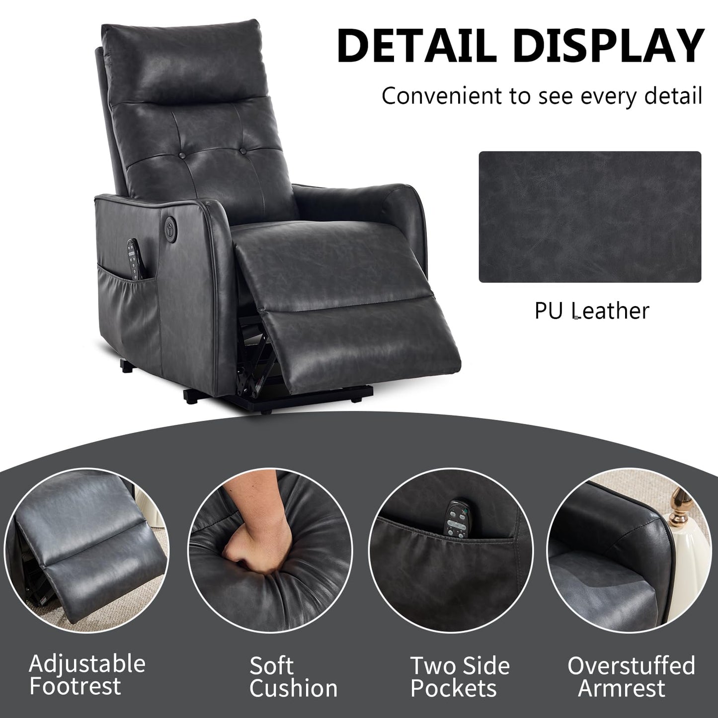 KEIKI Single Motor Power Lift Recliner Chair with Massage and Heat for Living Room, Synthetic Leather Upholstery with USB Charging Port and Side Pockets for Seniors