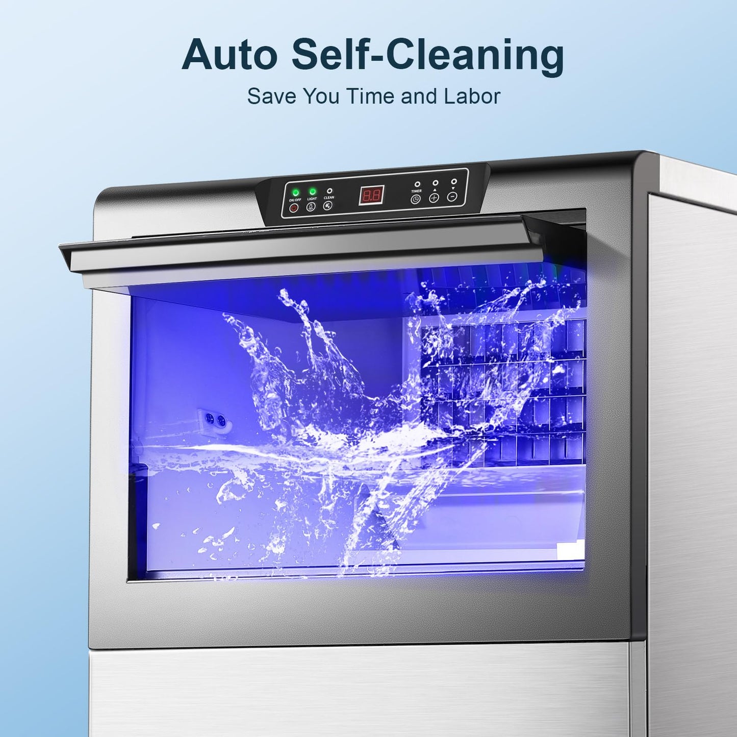 Zomagas Commercial Ice Maker 150lbs/24H, Ice Maker Machine with 50lbs Ice Storage, Self-Cleaning, LED Digital Display, Blue Light, Under Counter/Freestanding Ice Machine for Home Bar Restaurant