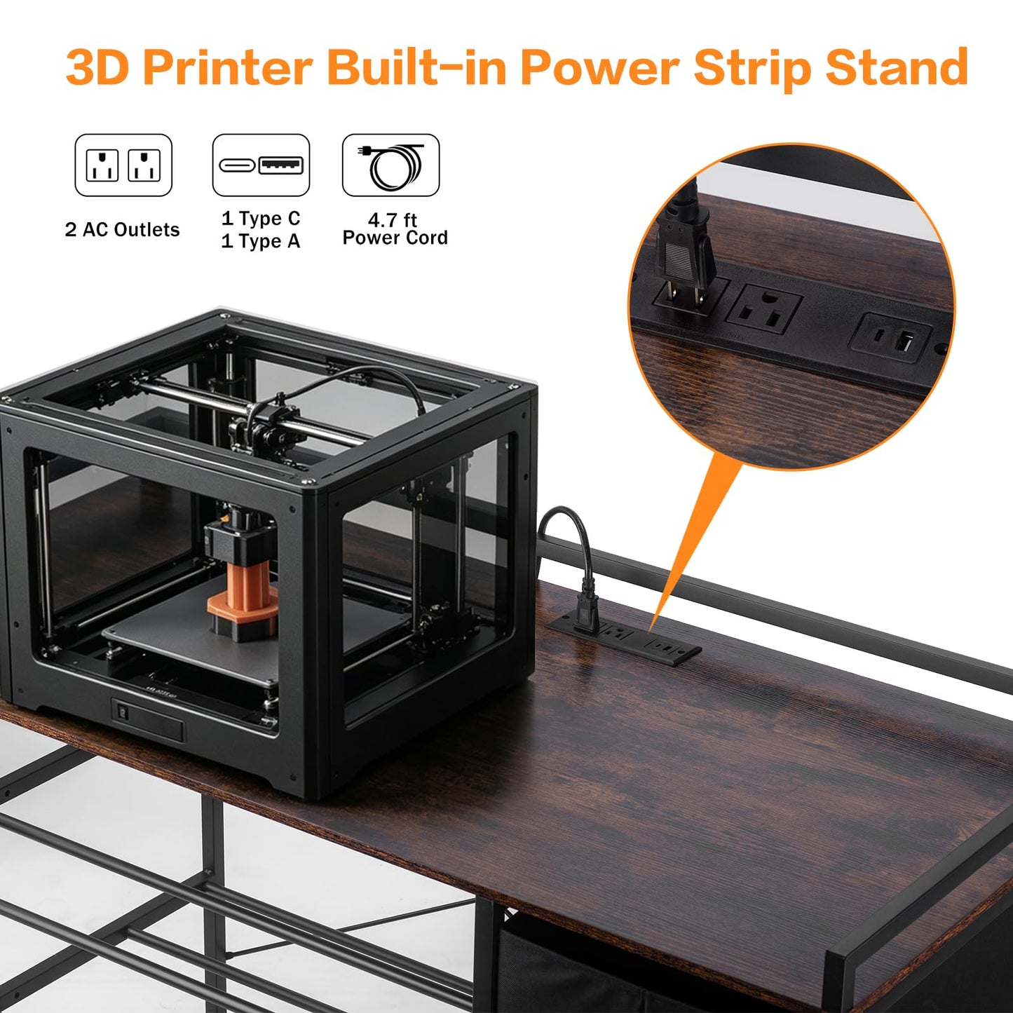 3D Printer Stand with Filament Storage Rack, Heavy Duty Metal Frame Workstation, 3-Tier 3D Printer Table with Tool Shelf for Stable Printing, Home Office Workshop Garage