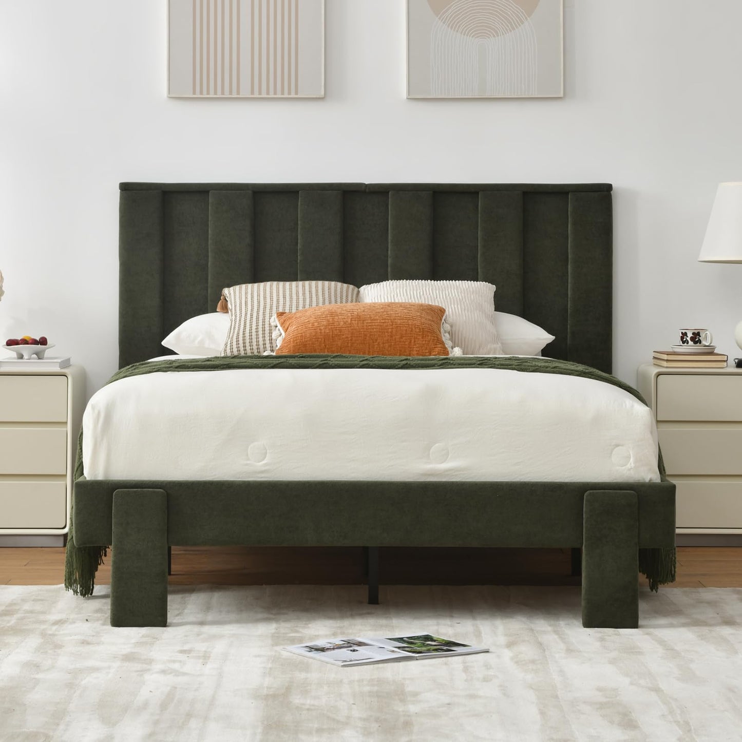 PINJU Sturdy Upholstered Platform Bed Frame with Vertical Channel Tufted Headboard, No Box Spring Needed, Easy Assembly, Noise-Free Bed Frame for Bedroom (Green, Full)